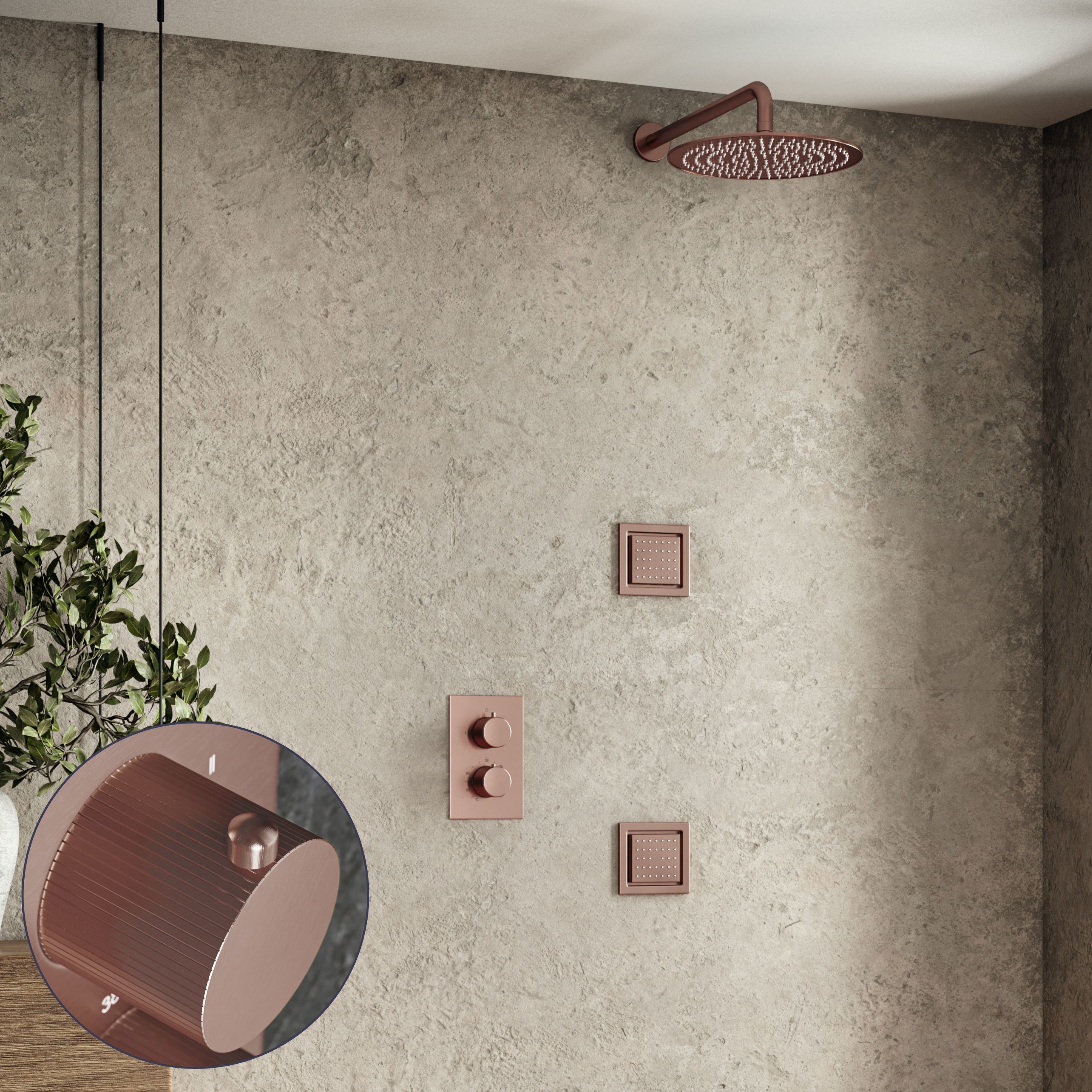 Saniclear Copper Stripes inbouw regendouche 20cm met vierkante massagejets en muurarm geborsteld koper