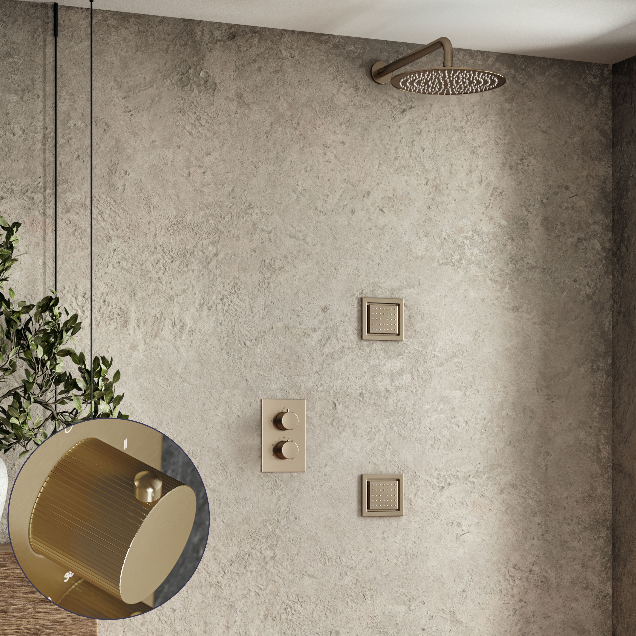 Saniclear Brass Stripes inbouw regendouche 20cm met vierkante massagejets en muurarm geborsteld messing - mat goud