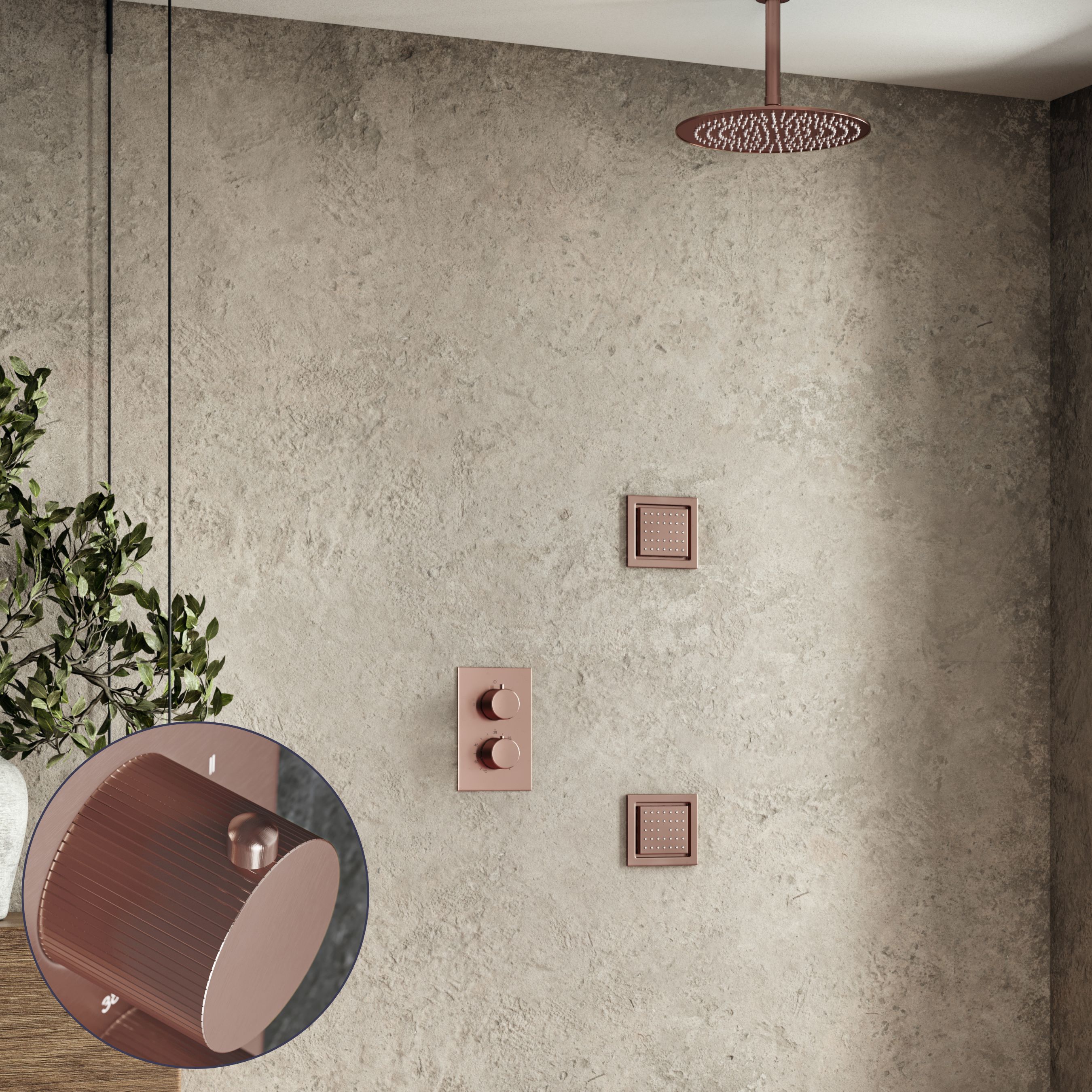 Saniclear Copper Stripes inbouw regendouche 20cm met vierkante massagejets en plafondarm geborsteld koper