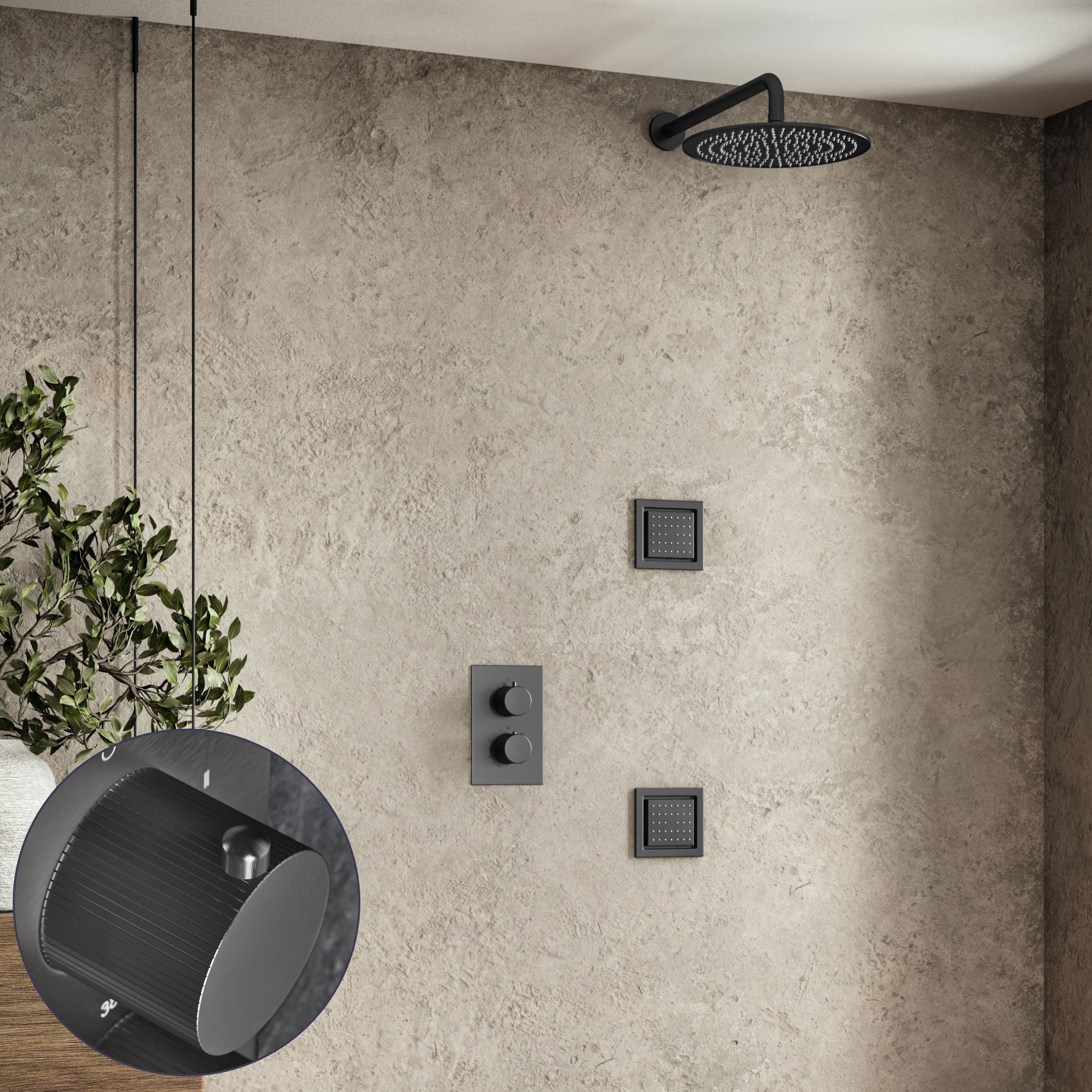 Saniclear Iron Stripes inbouw regendouche 30cm met vierkante massagejets en muurarm verouderd ijzer - gunmetal
