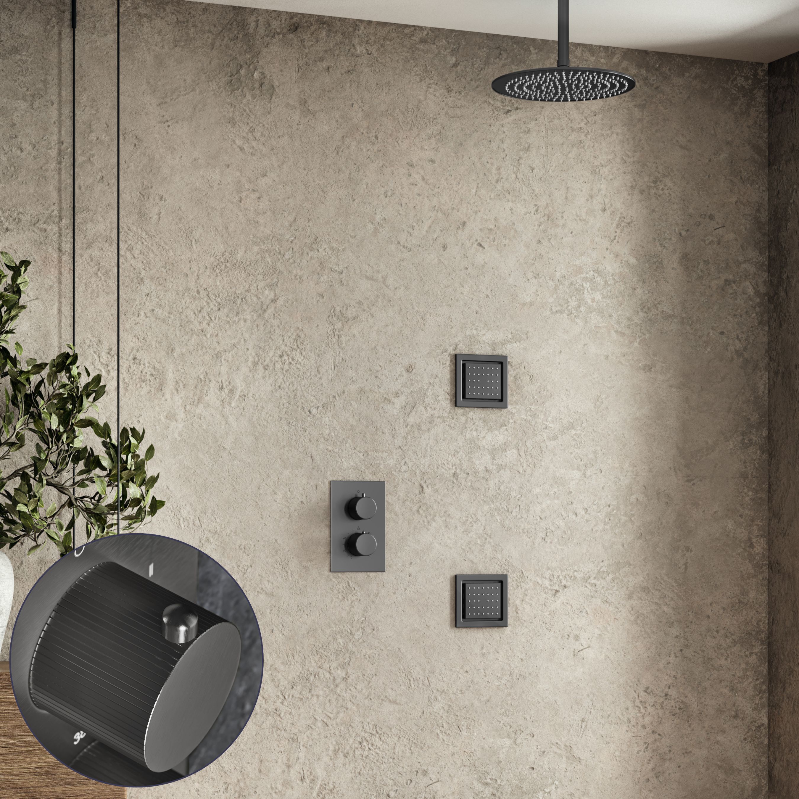 Saniclear Iron Stripes inbouw regendouche 30cm met vierkante massagejets en plafondarm verouderd ijzer - gunmetal
