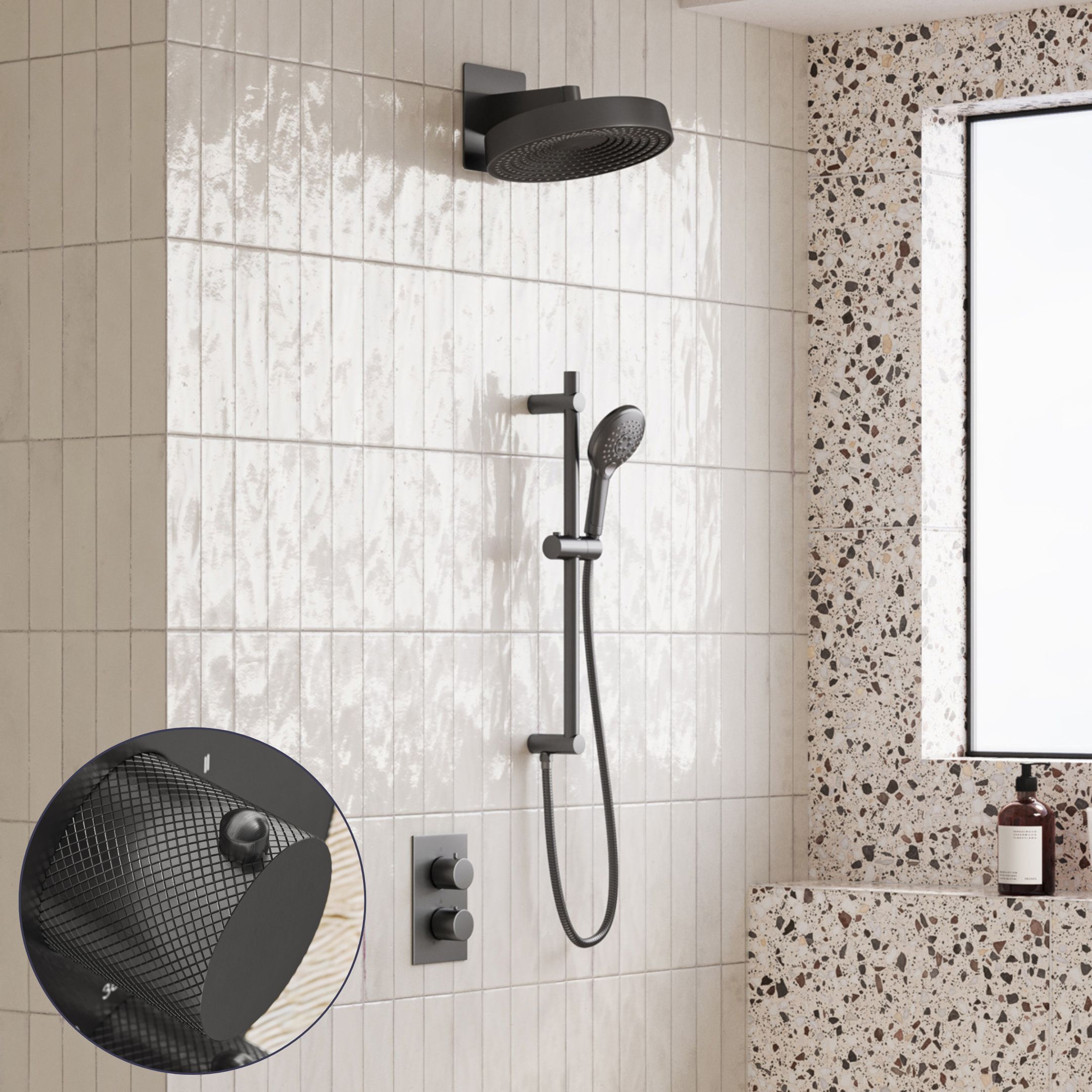 Saniclear Evolution Curved inbouw regendouche met glijstang en 2 standen handdouche verouderd ijzer - gunmetal