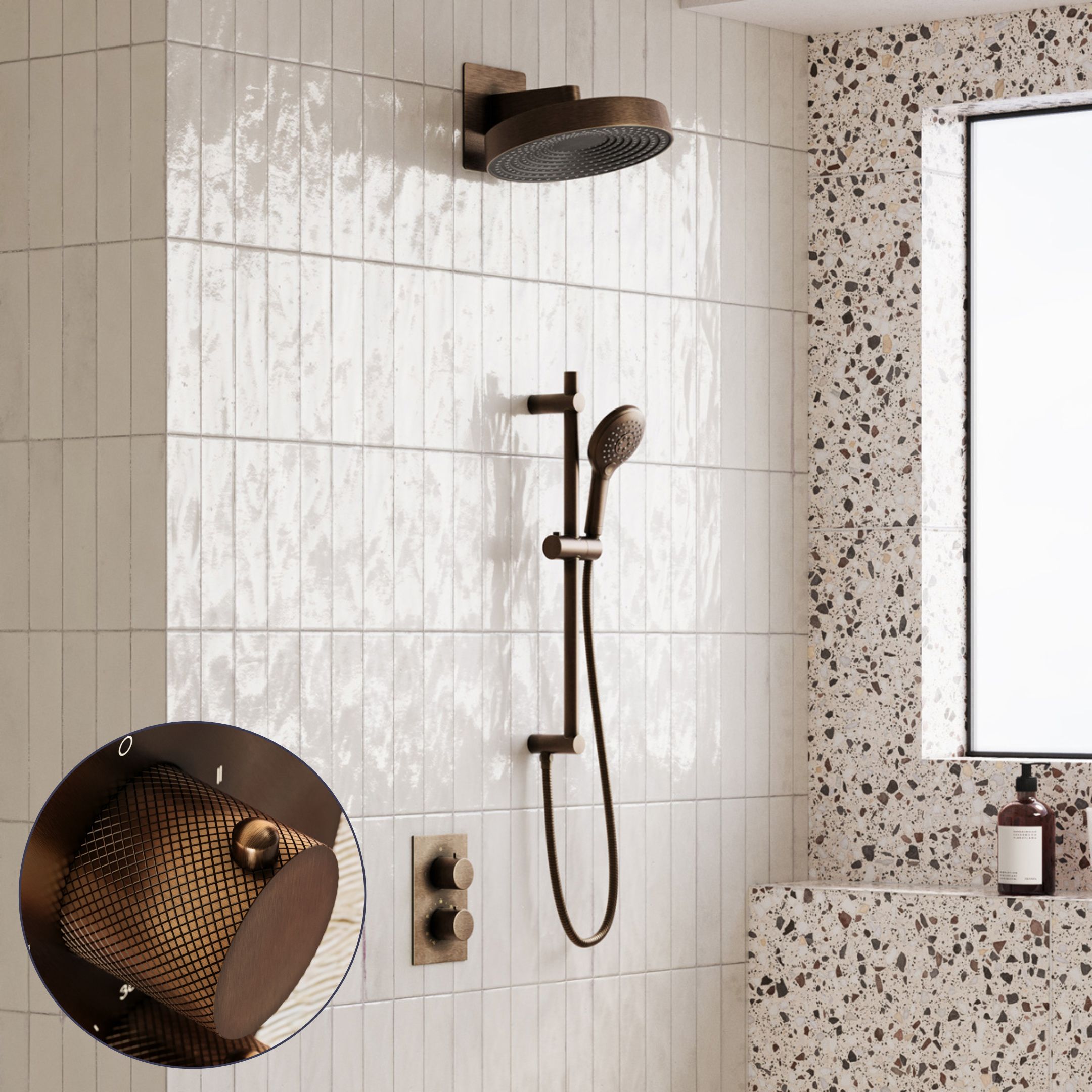 Saniclear Evolution Curved inbouw regendouche met glijstang en 2 standen handdouche verouderd messing