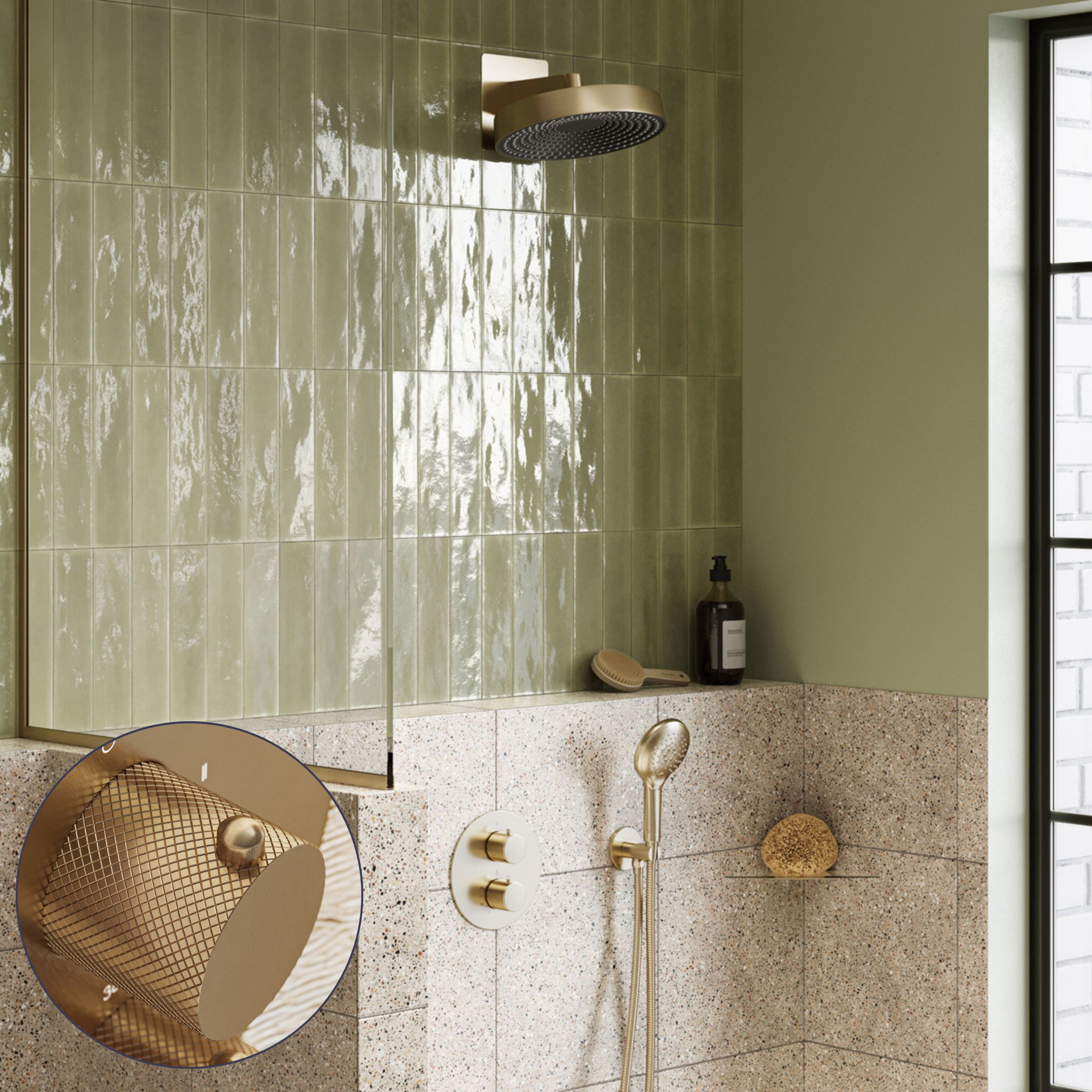 Saniclear Evolution Curved inbouw regendouche rond met 2 standen handdouche geborsteld messing - mat goud