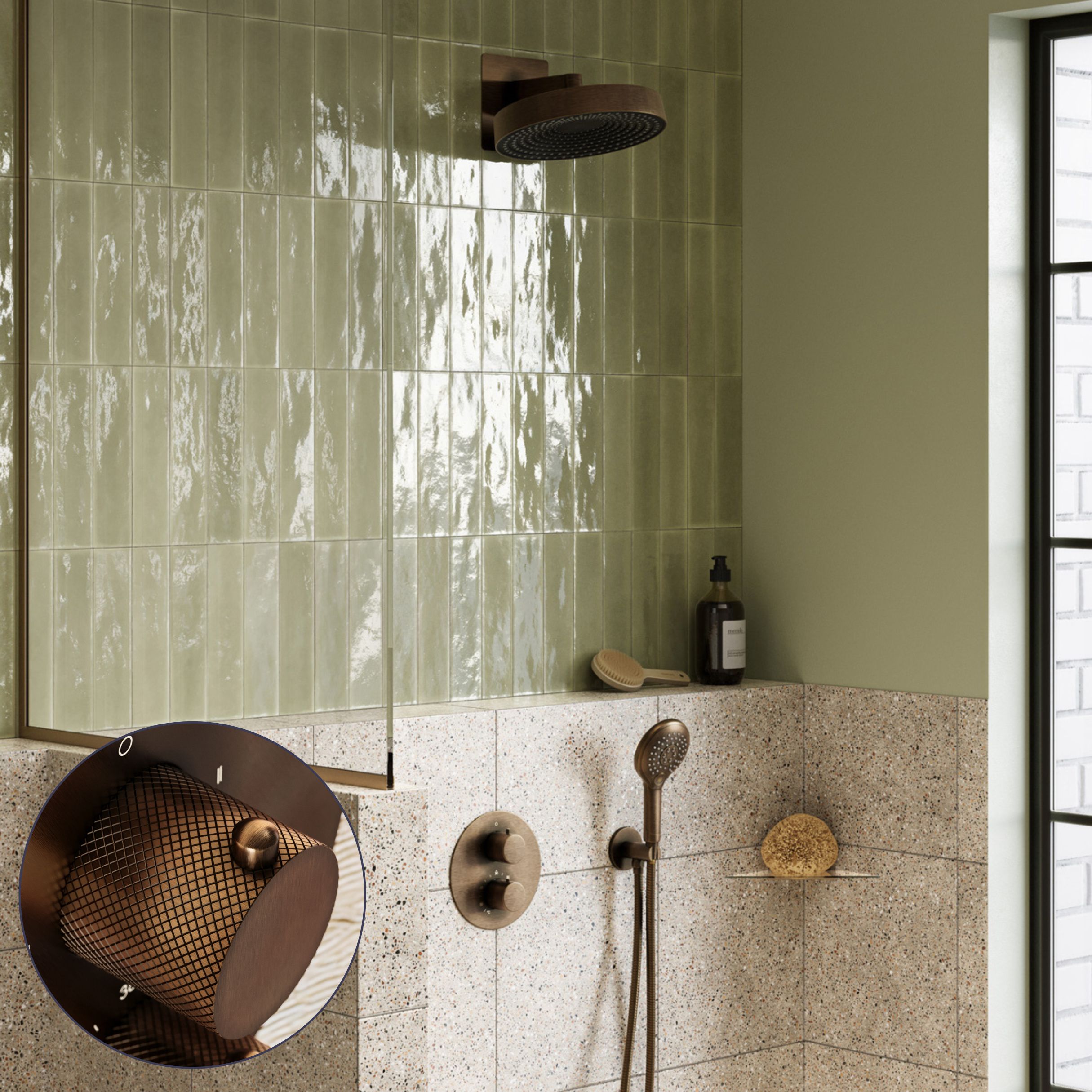 Saniclear Evolution Curved inbouw regendouche rond met 2 standen handdouche verouderd messing