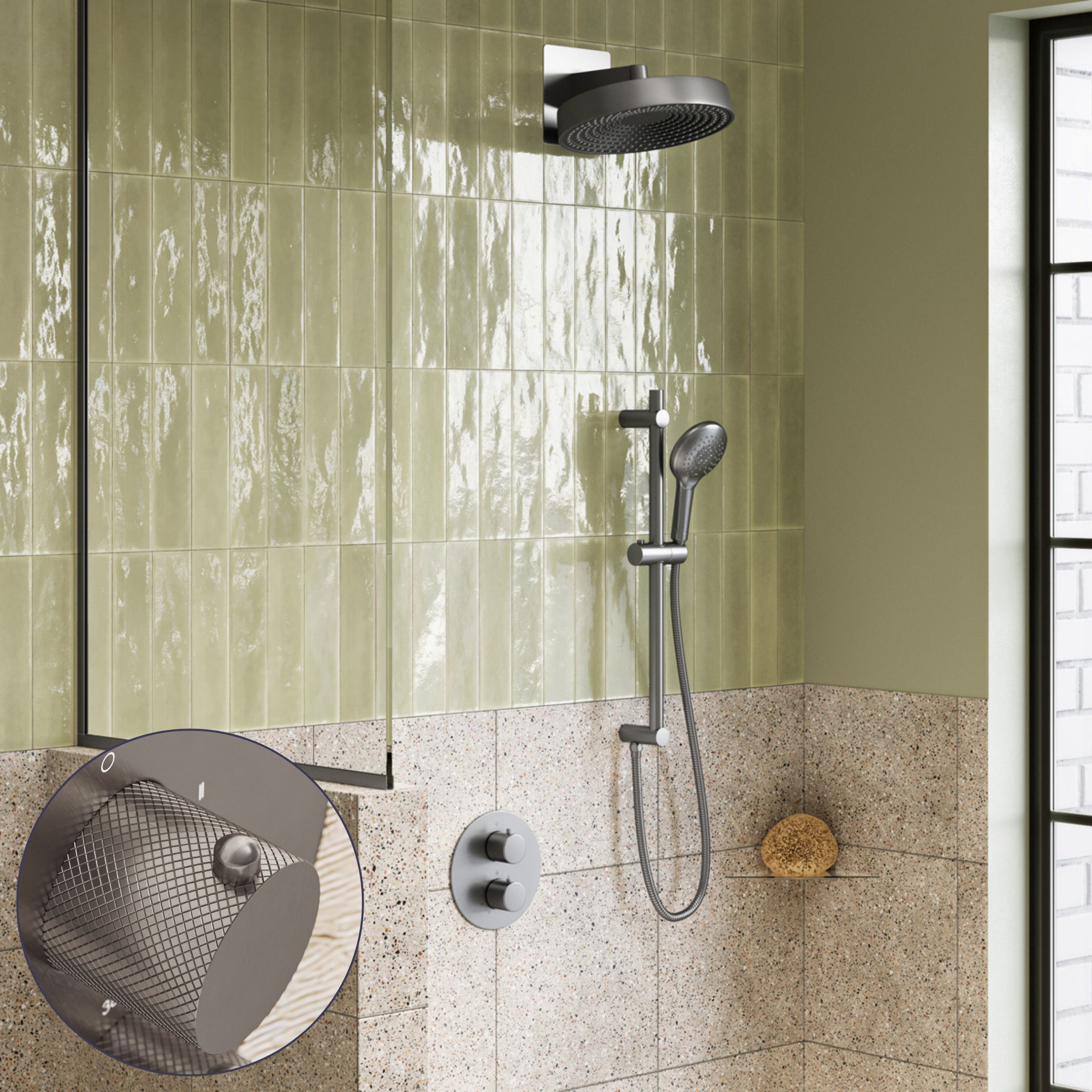 Saniclear Evolution Curved inbouw regendouche rond met glijstang en 2 standen handdouche RVS