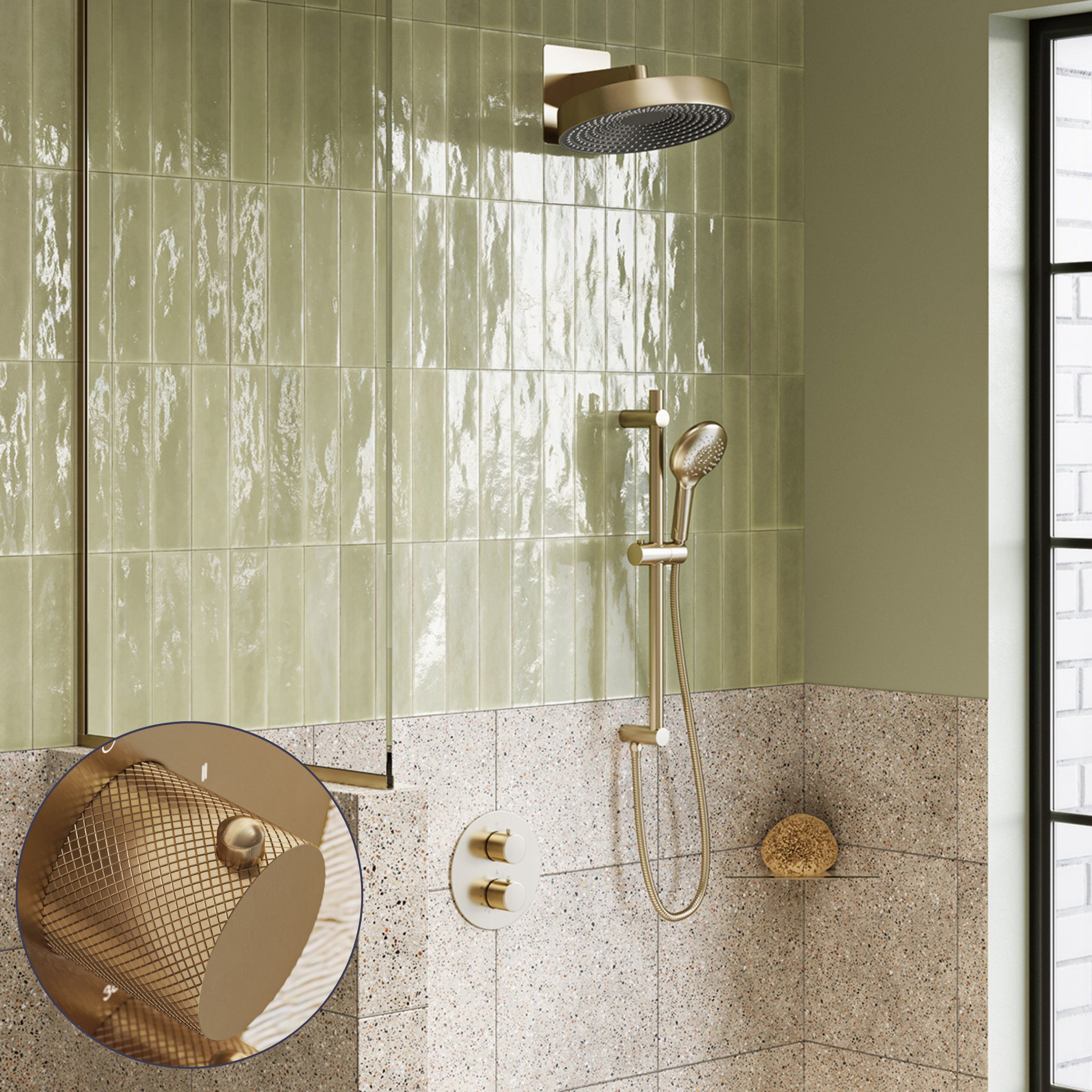 Saniclear Evolution Curved inbouw regendouche rond met glijstang en 2 standen handdouche geborsteld messing - mat goud