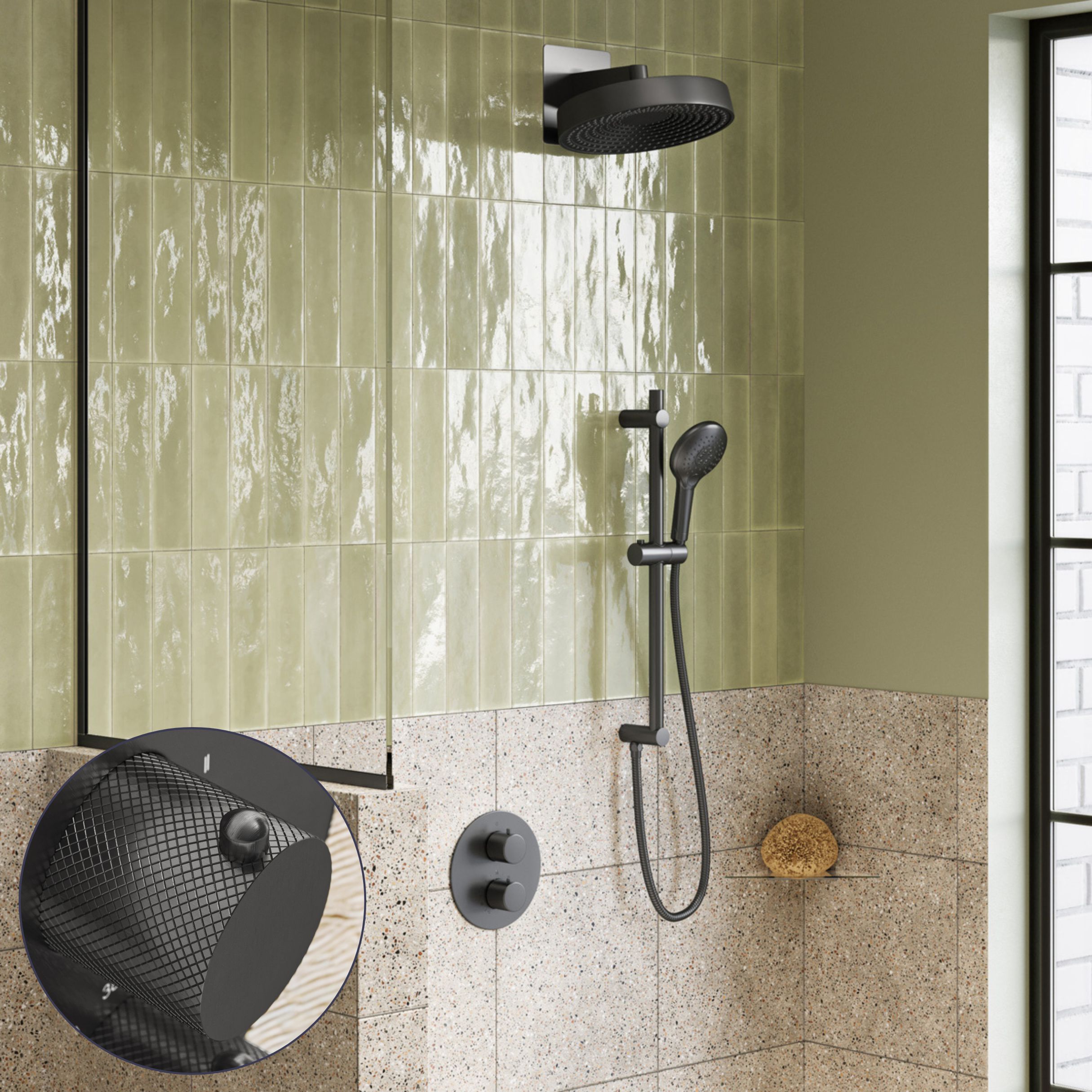 Saniclear Evolution Curved inbouw regendouche rond met glijstang en 2 standen handdouche verouderd ijzer - gunmetal