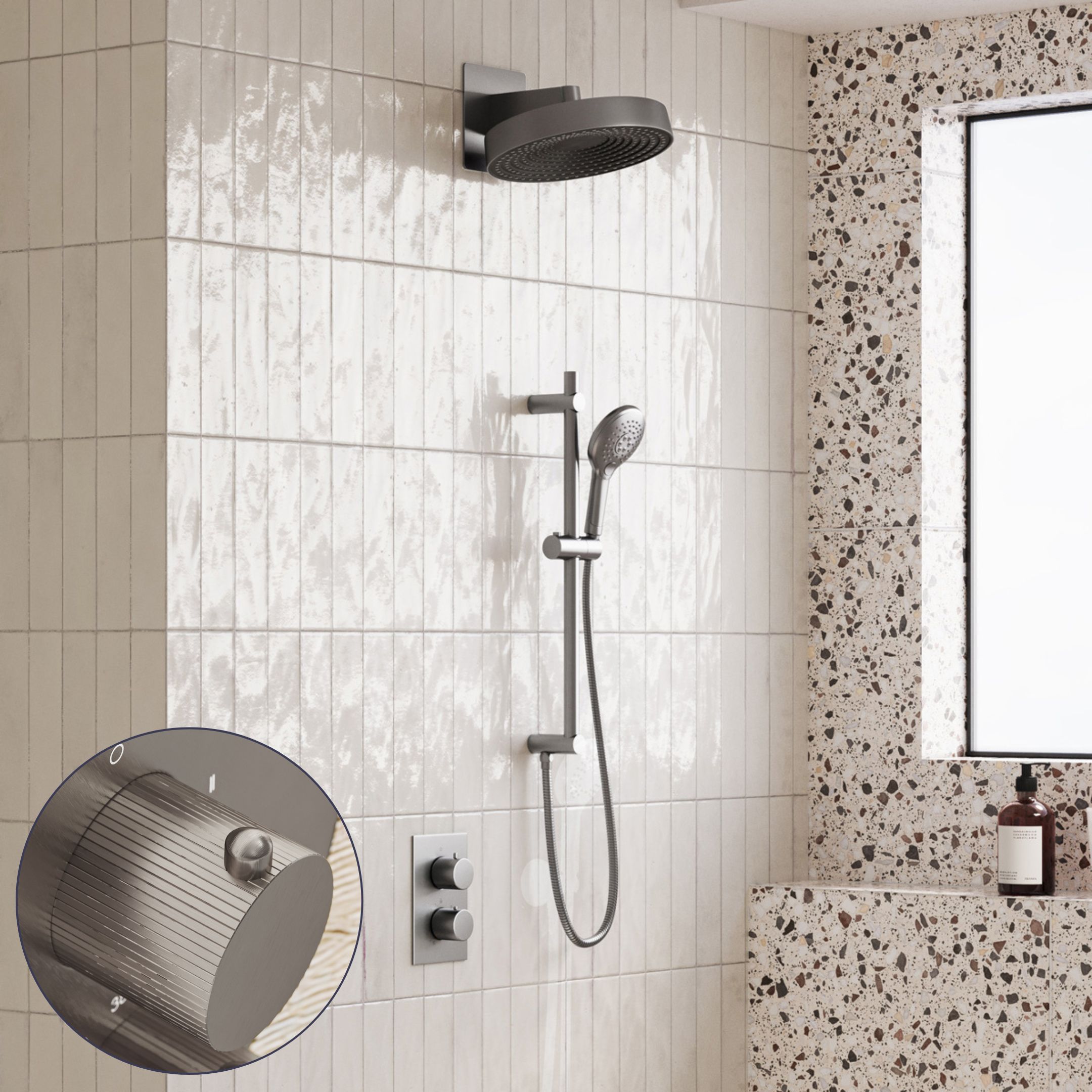 Saniclear Evolution Stripes inbouw regendouche met glijstang en 2 standen handdouche RVS