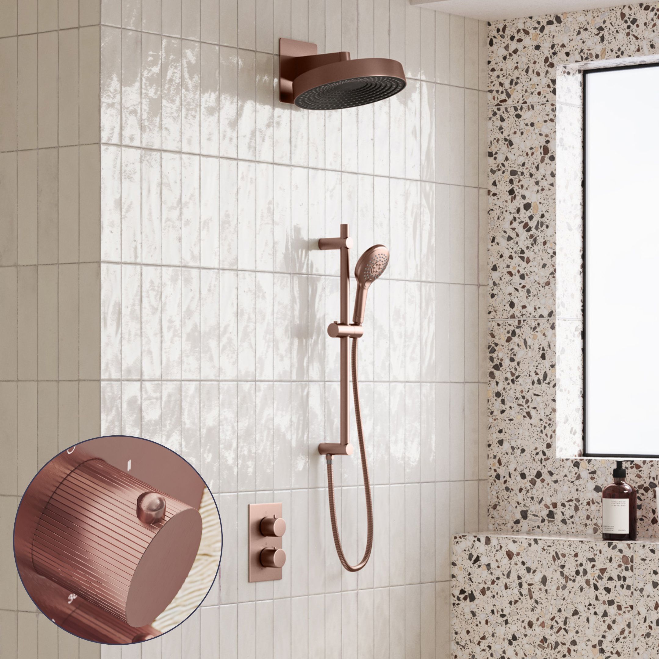 Saniclear Evolution Stripes inbouw regendouche met glijstang en 2 standen handdouche geborsteld koper
