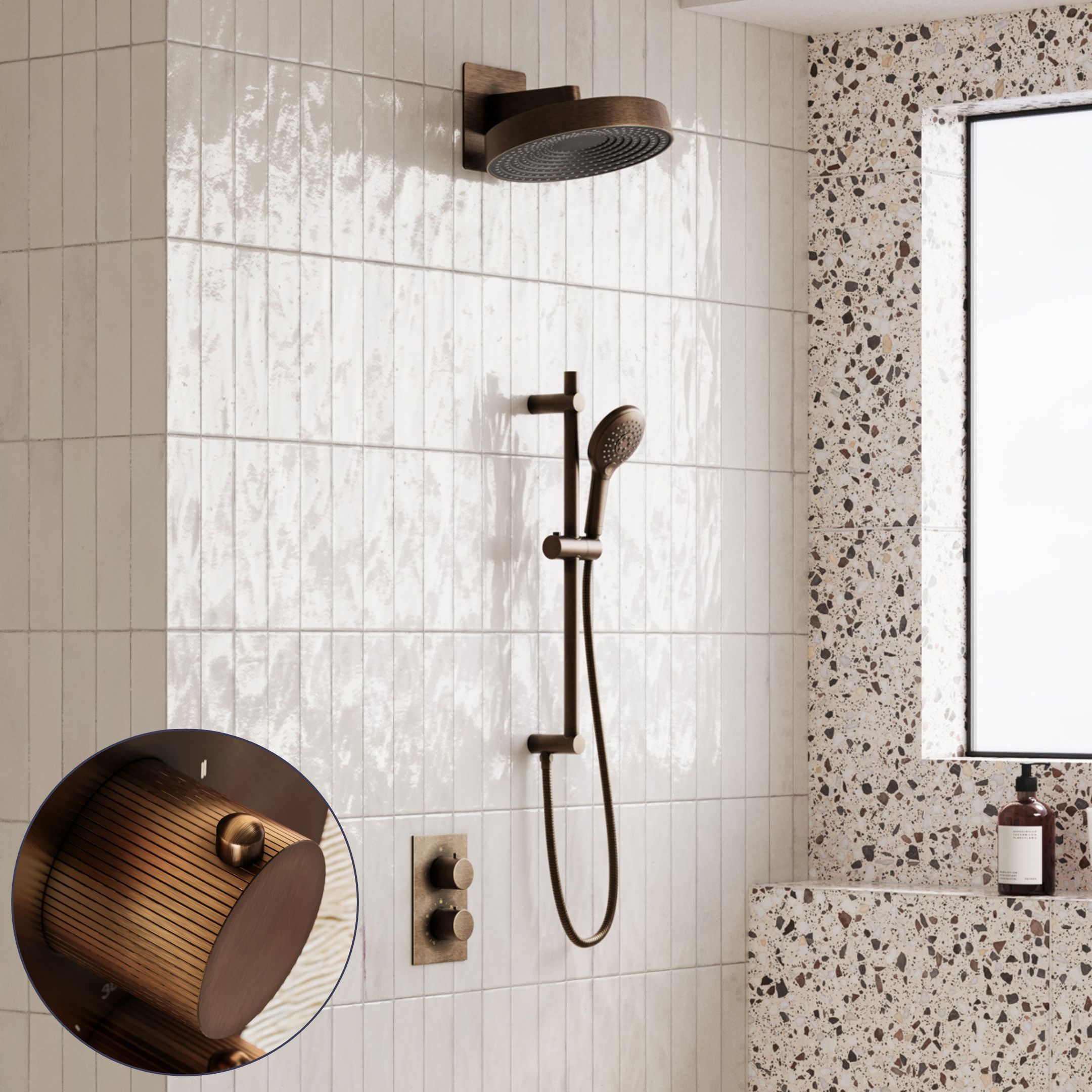 Saniclear Evolution Stripes inbouw regendouche met glijstang en 2 standen handdouche verouderd messing