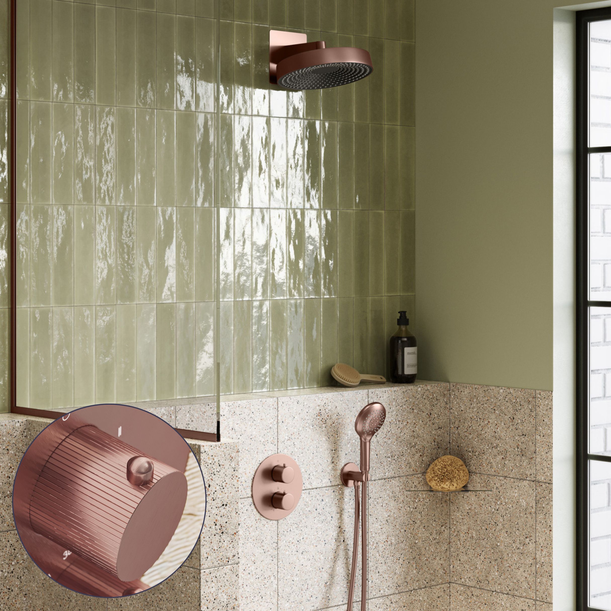 Saniclear Evolution Stripes inbouw regendouche rond met 2 standen handdouche geborsteld koper