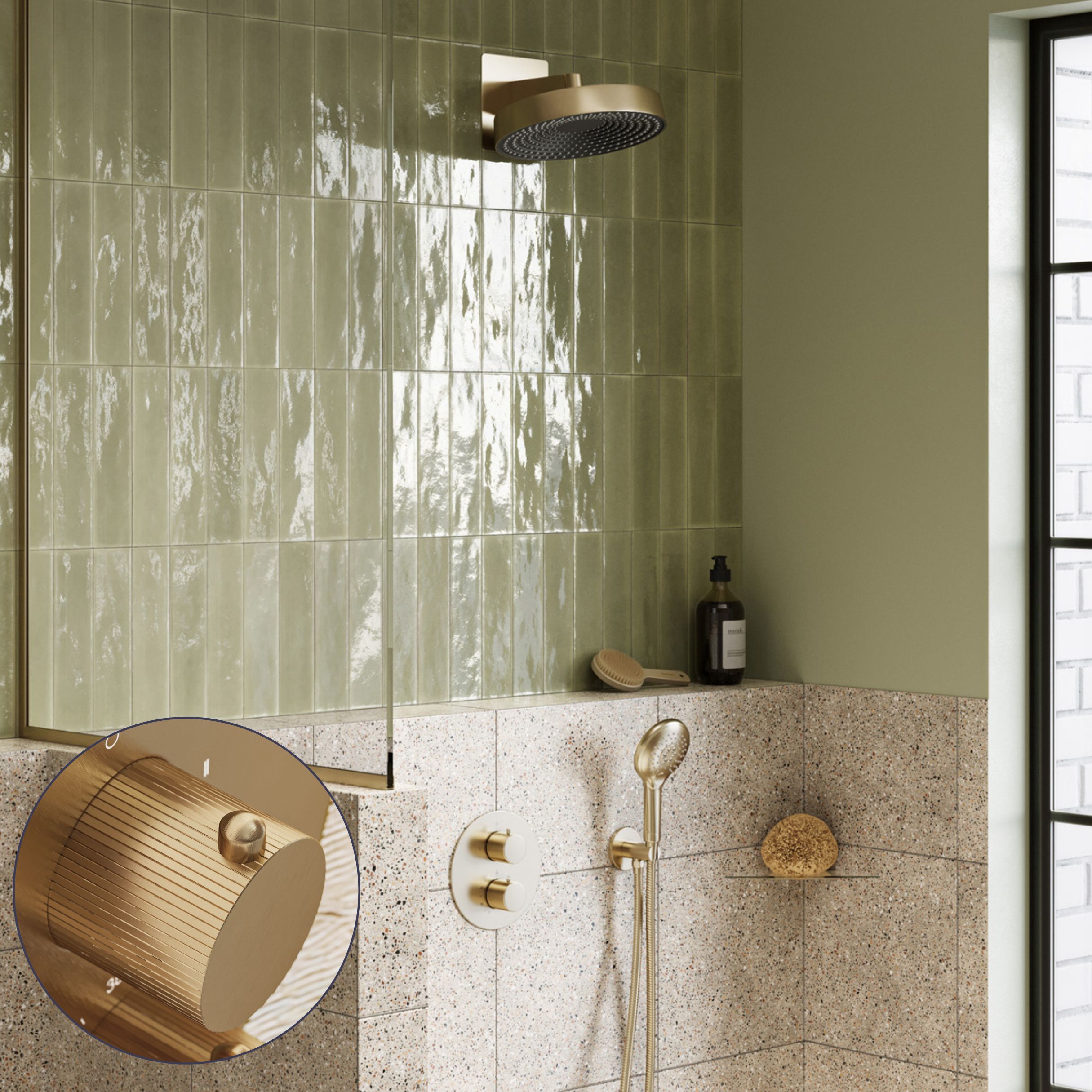 Saniclear Evolution Stripes inbouw regendouche rond met 2 standen handdouche geborsteld messing - mat goud