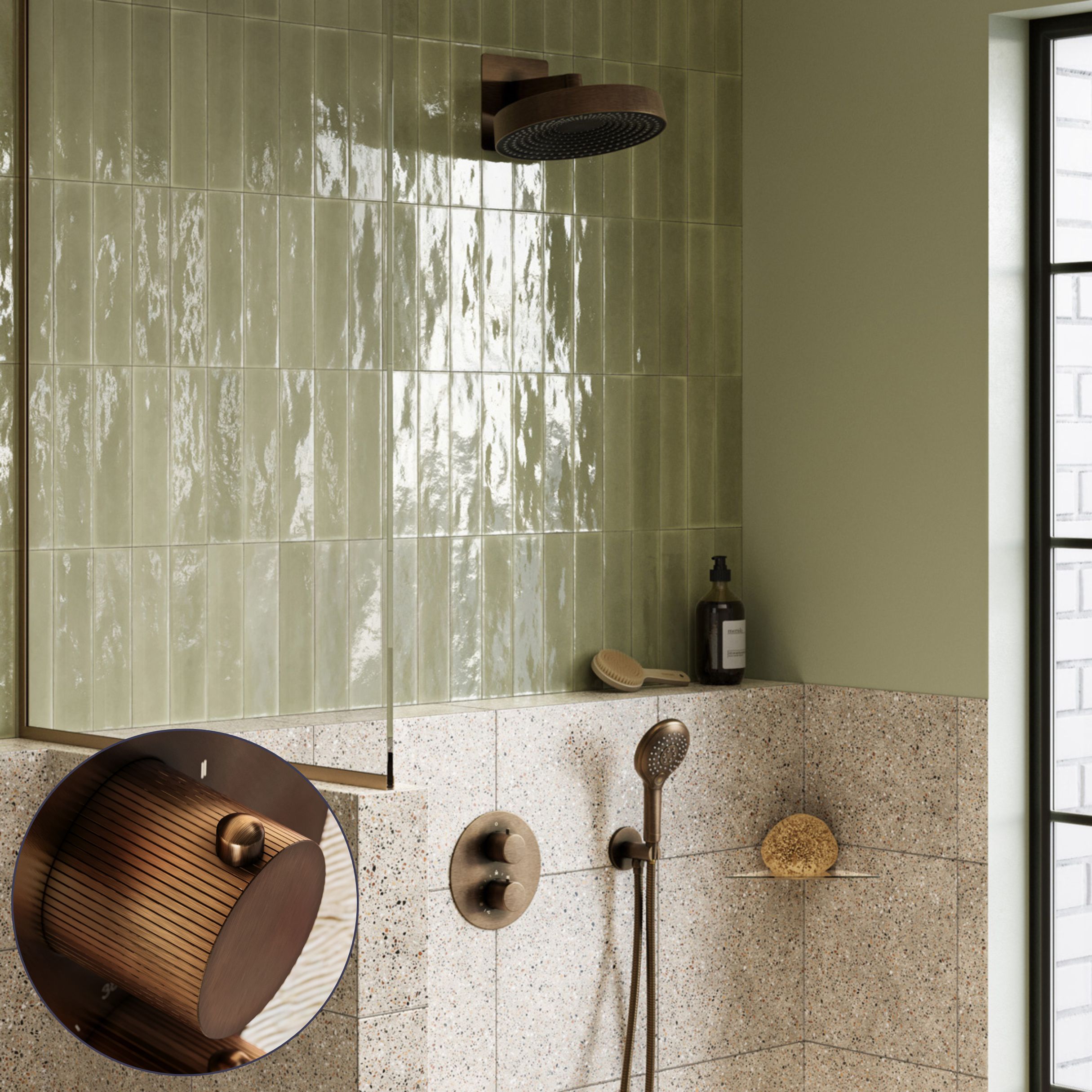 Saniclear Evolution Stripes inbouw regendouche rond met 2 standen handdouche verouderd messing