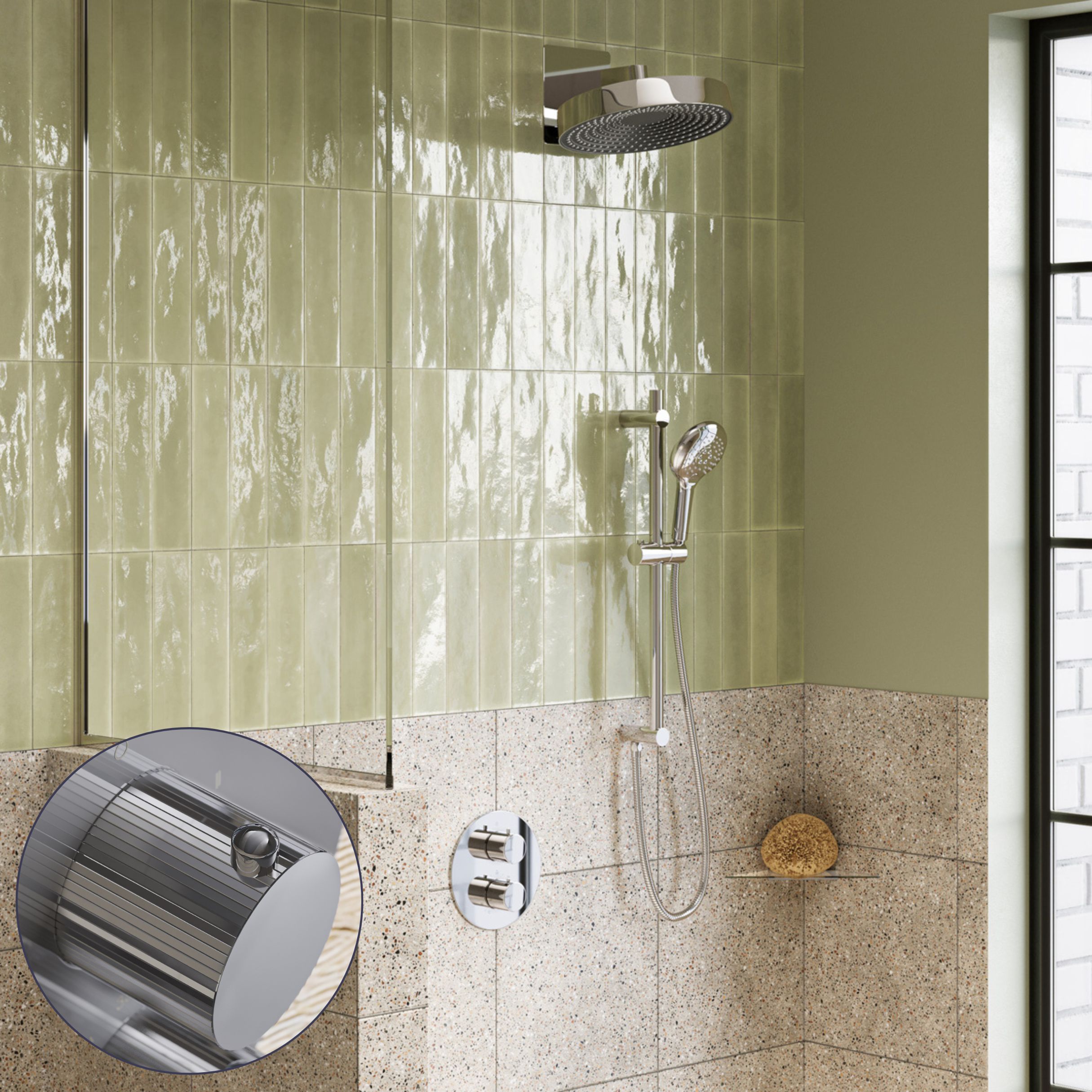 Saniclear Evolution Stripes inbouw regendouche rond met glijstang en 2 standen handdouche chroom