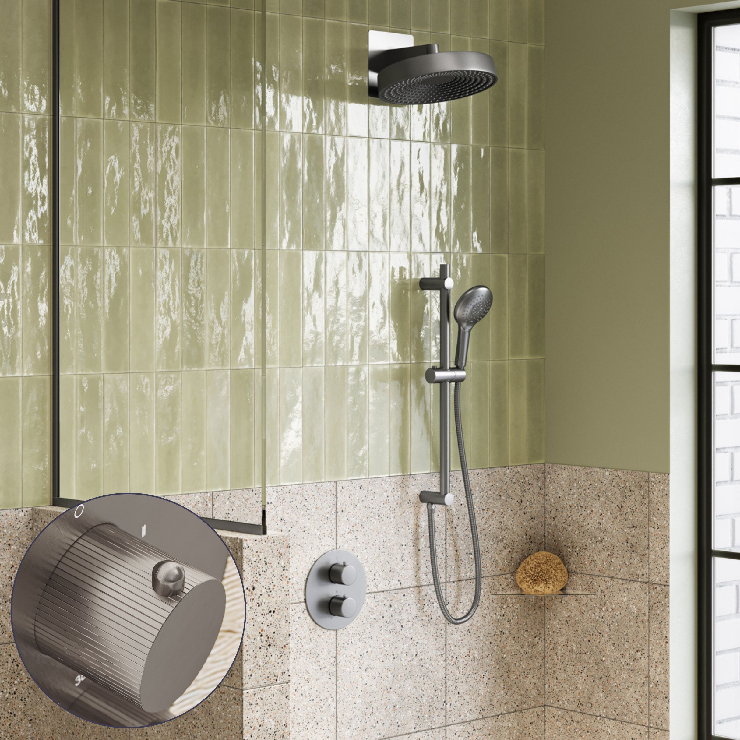 Saniclear Evolution Stripes inbouw regendouche rond met glijstang en 2 standen handdouche RVS