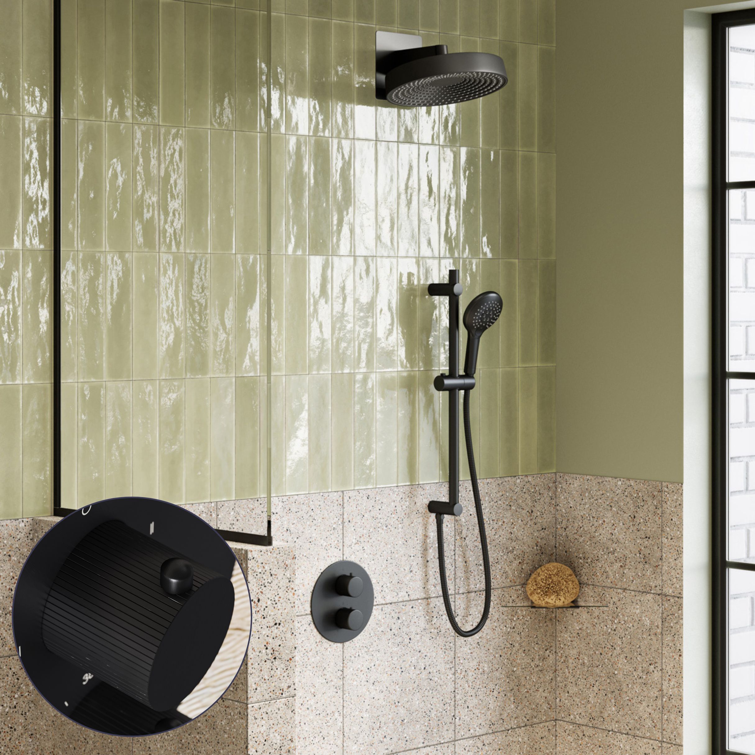 Saniclear Evolution Stripes inbouw regendouche rond met glijstang en 2 standen handdouche zwart mat