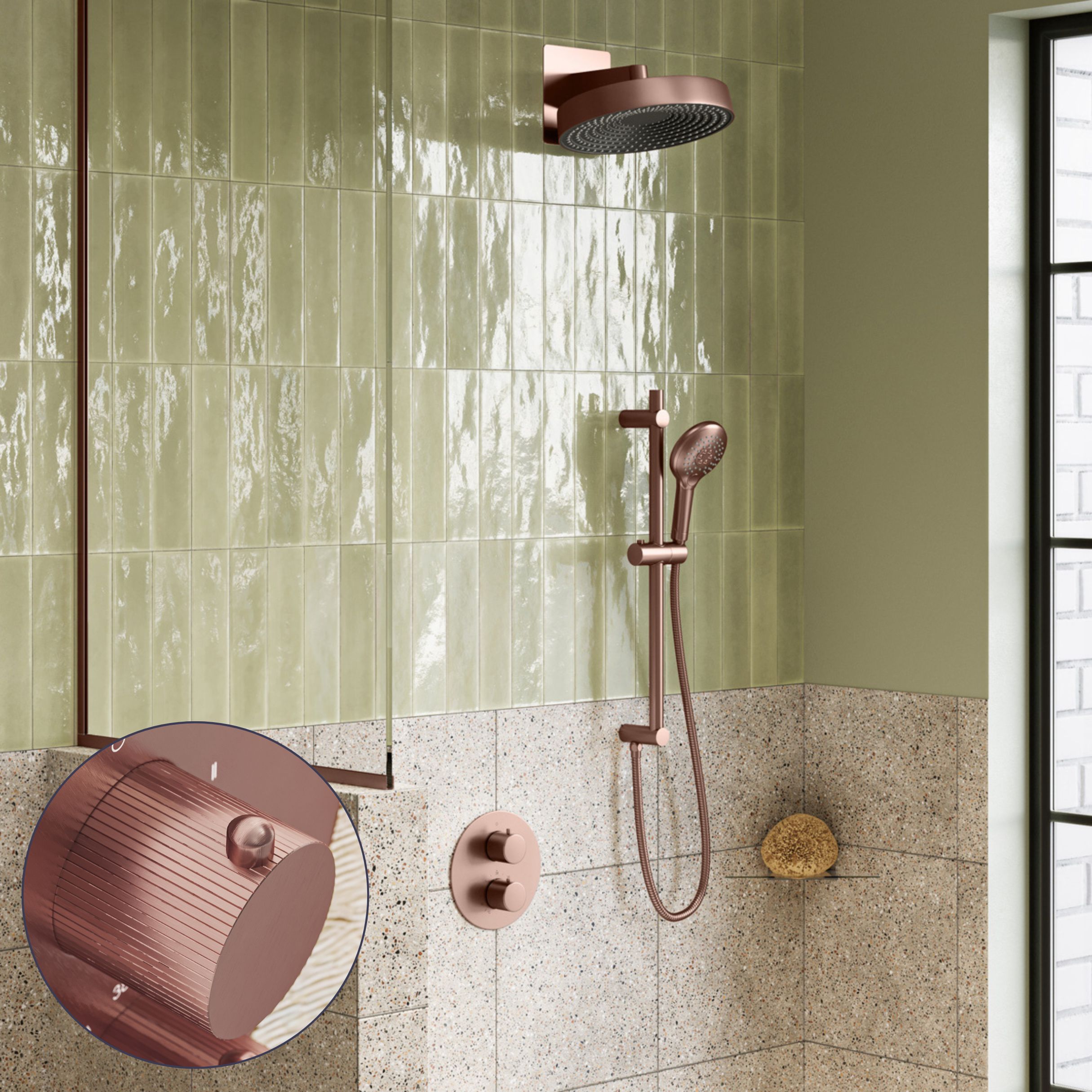 Saniclear Evolution Stripes inbouw regendouche rond met glijstang en 2 standen handdouche geborsteld koper