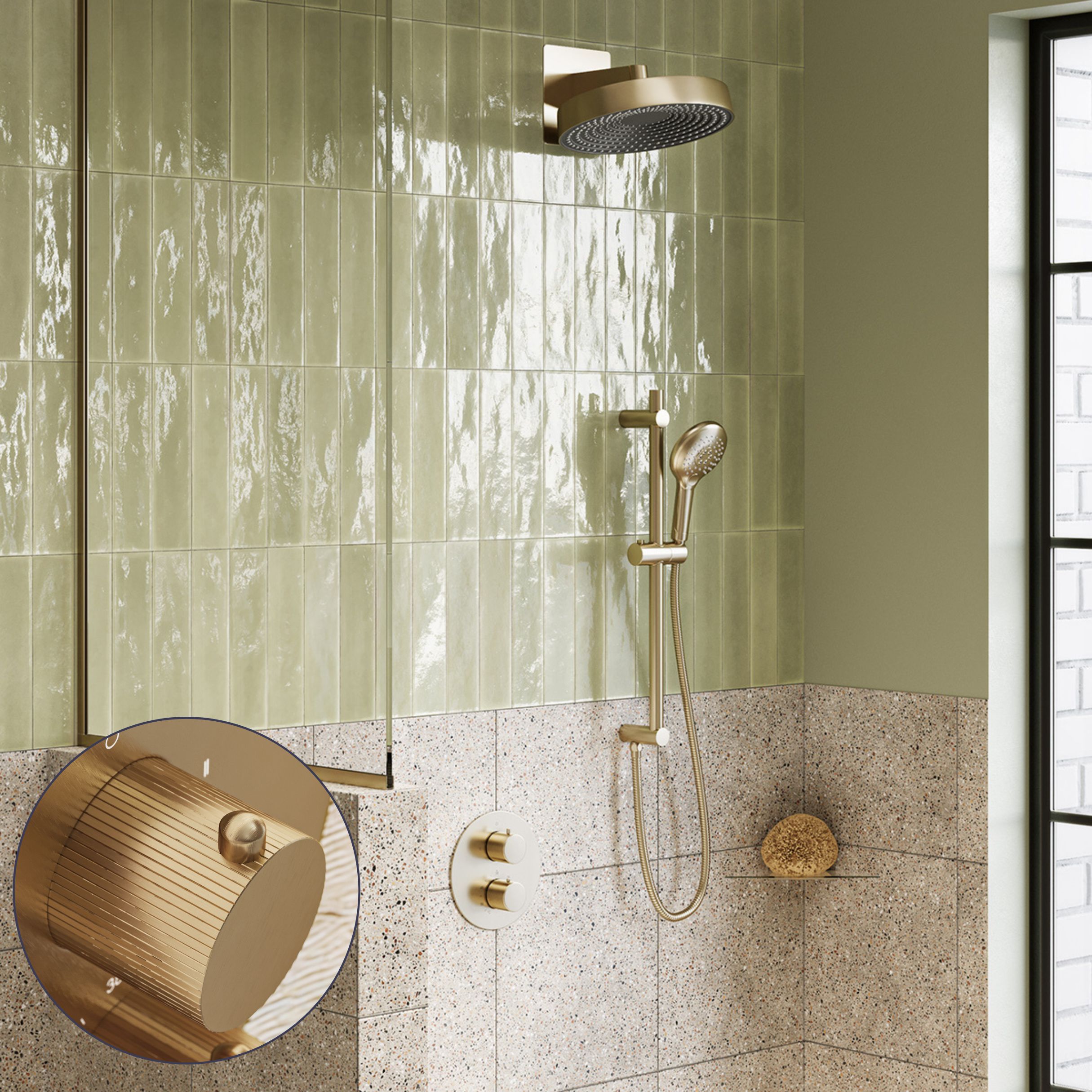 Saniclear Evolution Stripes inbouw regendouche rond met glijstang en 2 standen handdouche geborsteld messing - mat goud