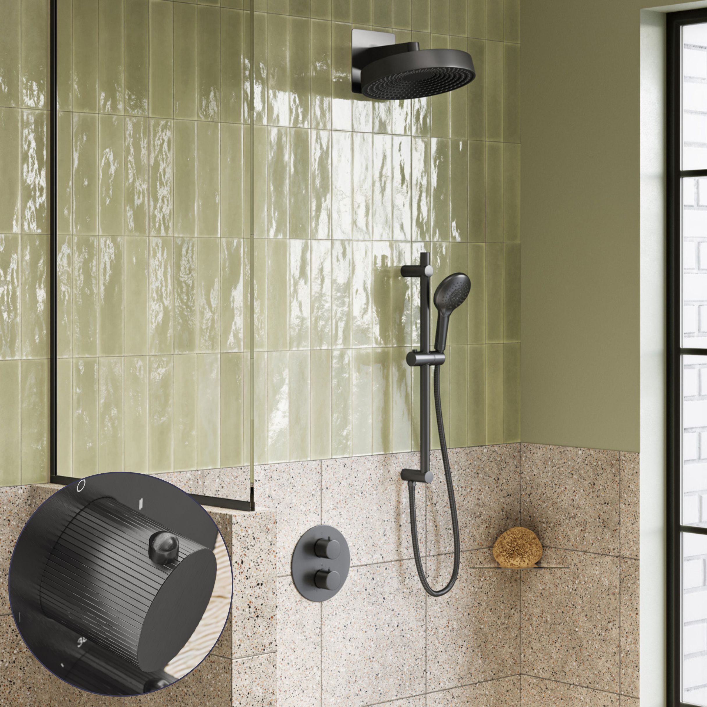 Saniclear Evolution Stripes inbouw regendouche rond met glijstang en 2 standen handdouche verouderd ijzer - gunmetal