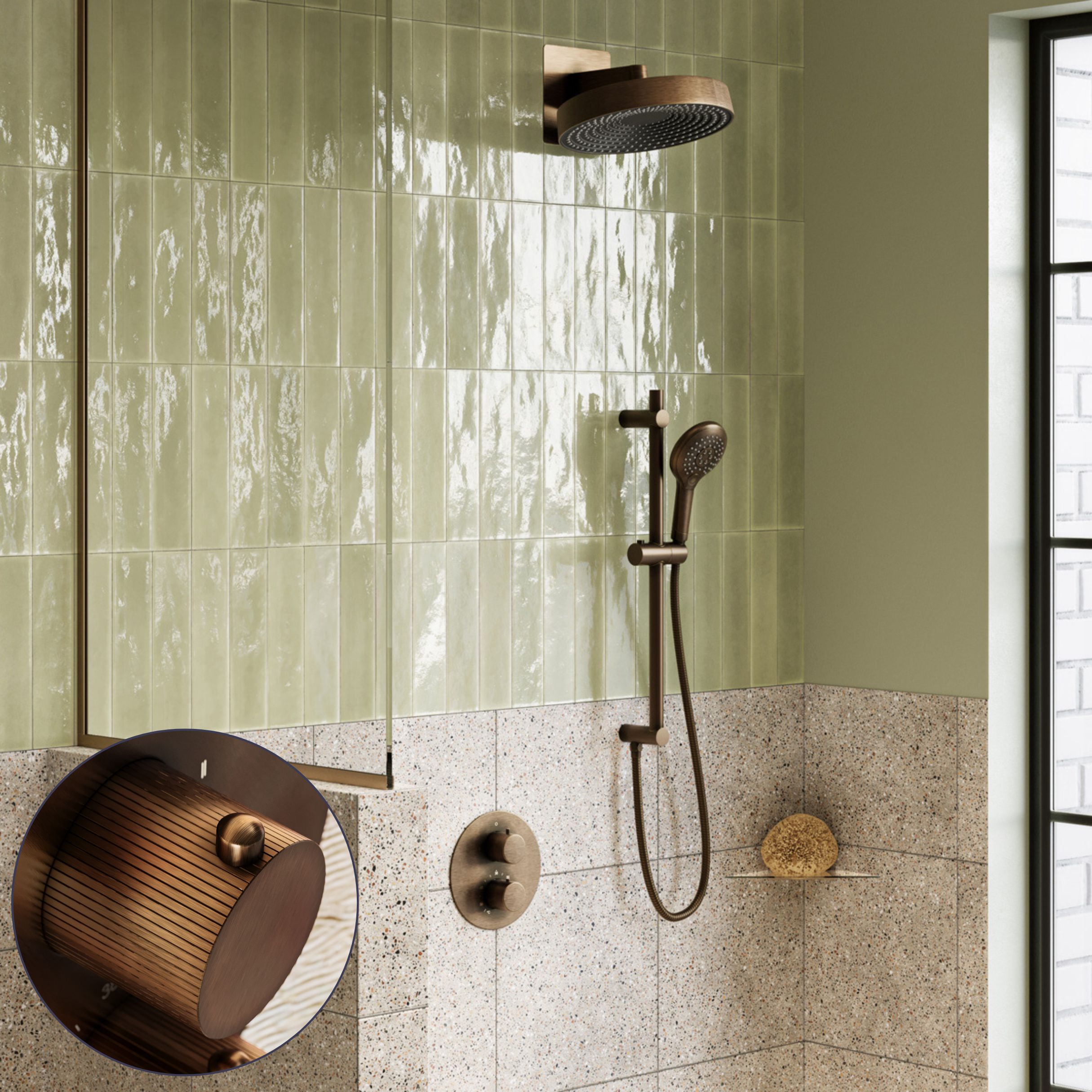 Saniclear Evolution Stripes inbouw regendouche rond met glijstang en 2 standen handdouche verouderd messing