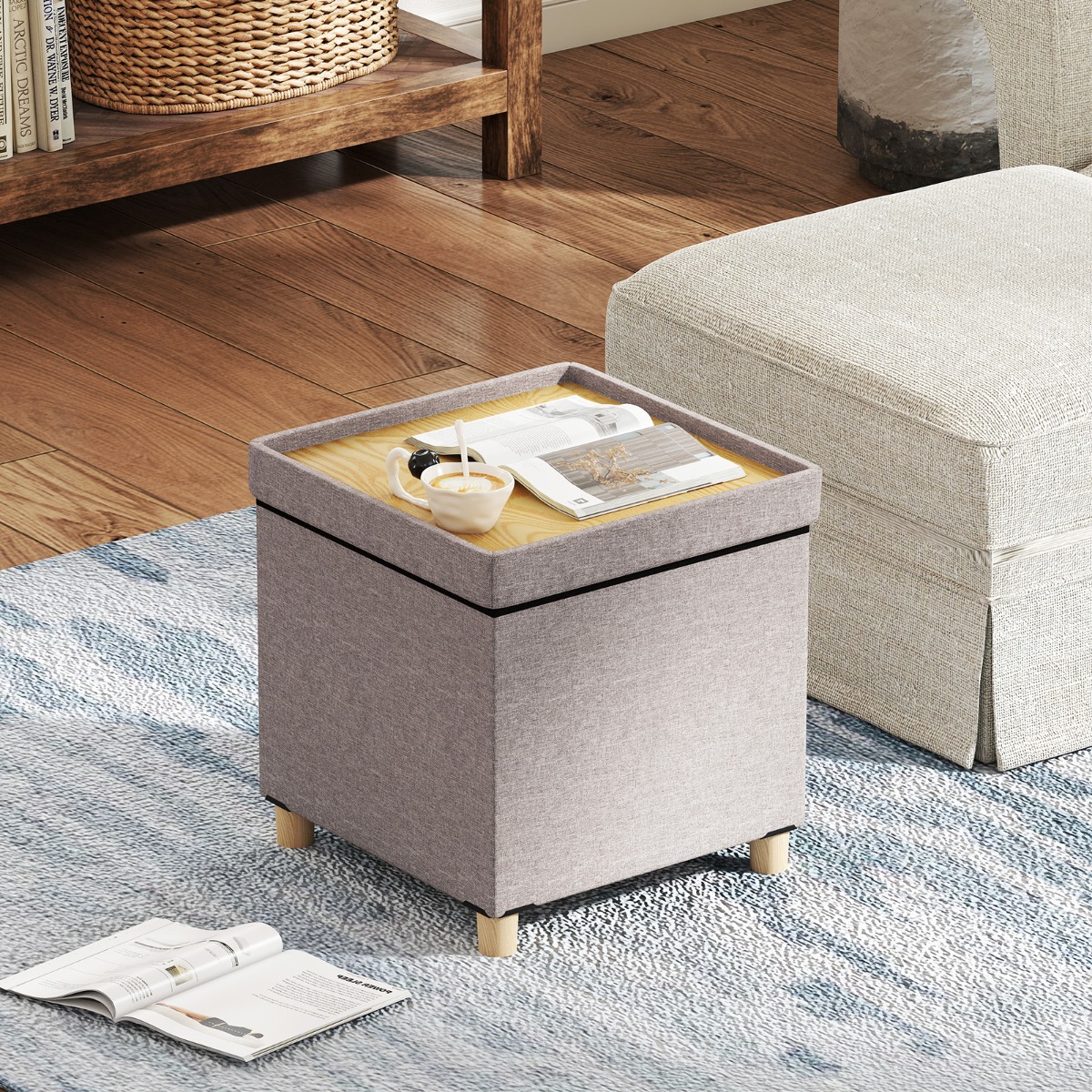 Costway Opbergkruk Voetenbank van Linnenstof met een Gepolsterde Deksel en Rubberhout Poten Opbergdoos voor Woonkamer Beige
