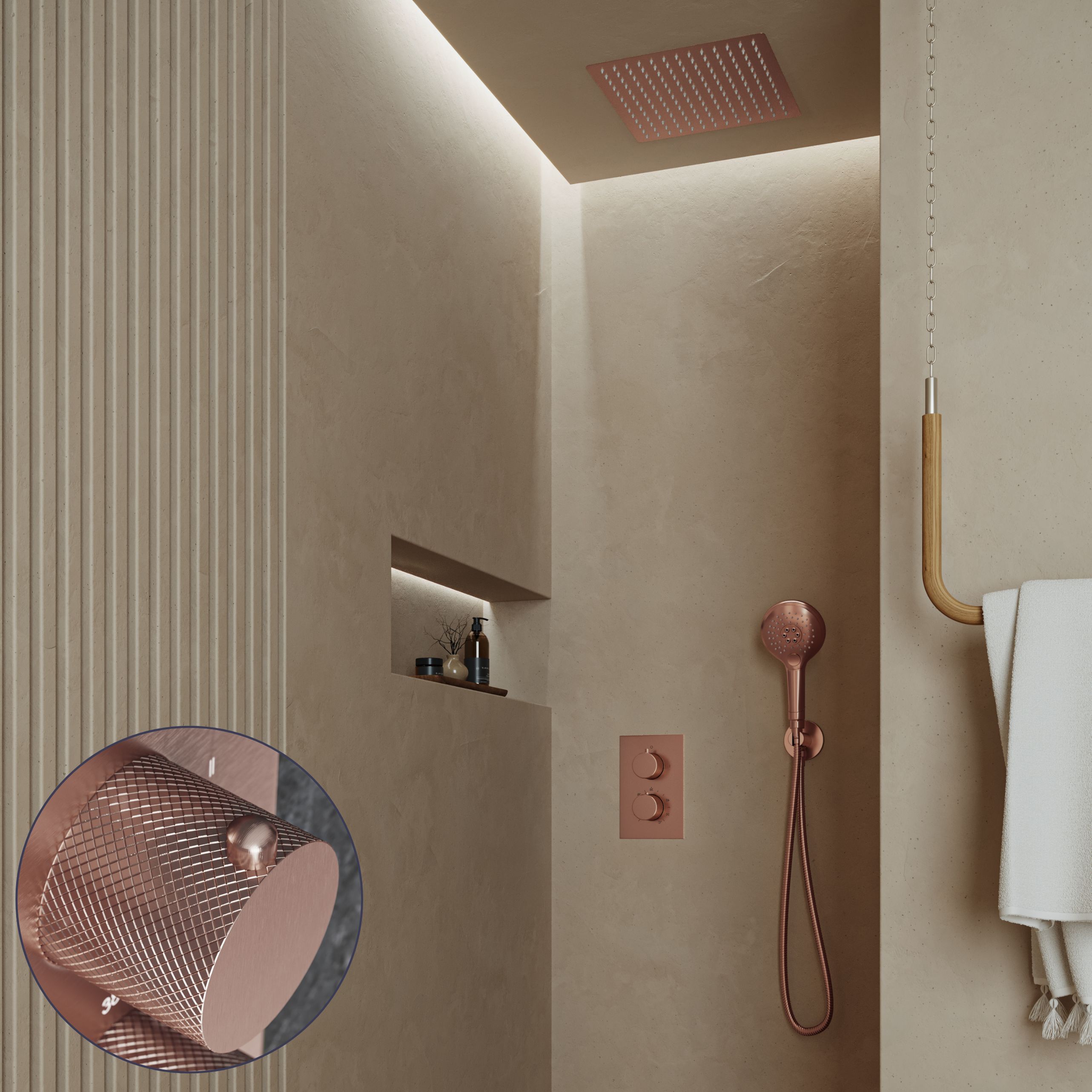 Saniclear Cube Curved inbouw regendouche met inbouw douchekop 30x30cm en 2 standen handdouche geborsteld koper