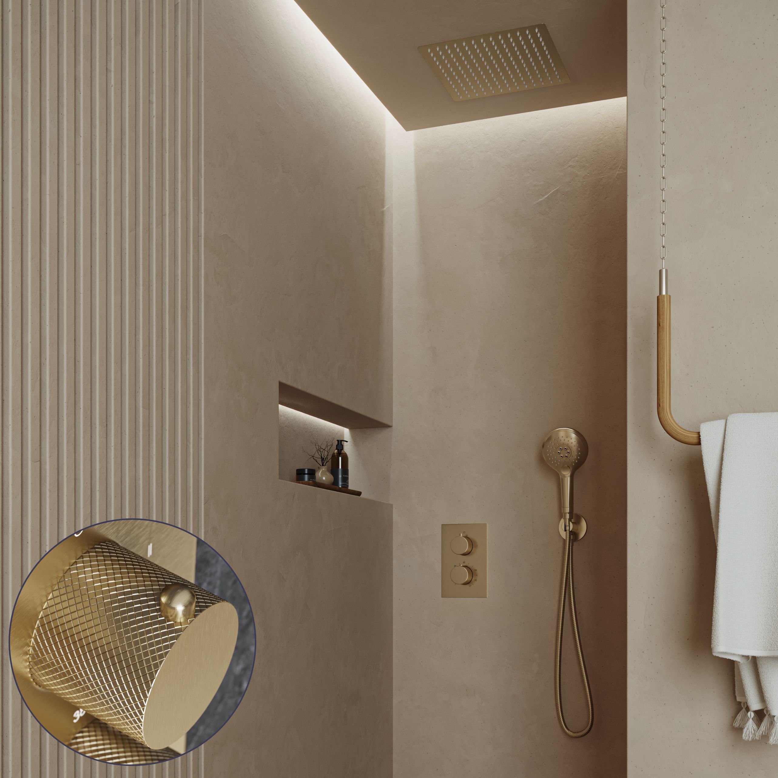 Saniclear Cube Curved inbouw regendouche met inbouw douchekop 30x30cm en 2 standen handdouche geborsteld messing - mat goud