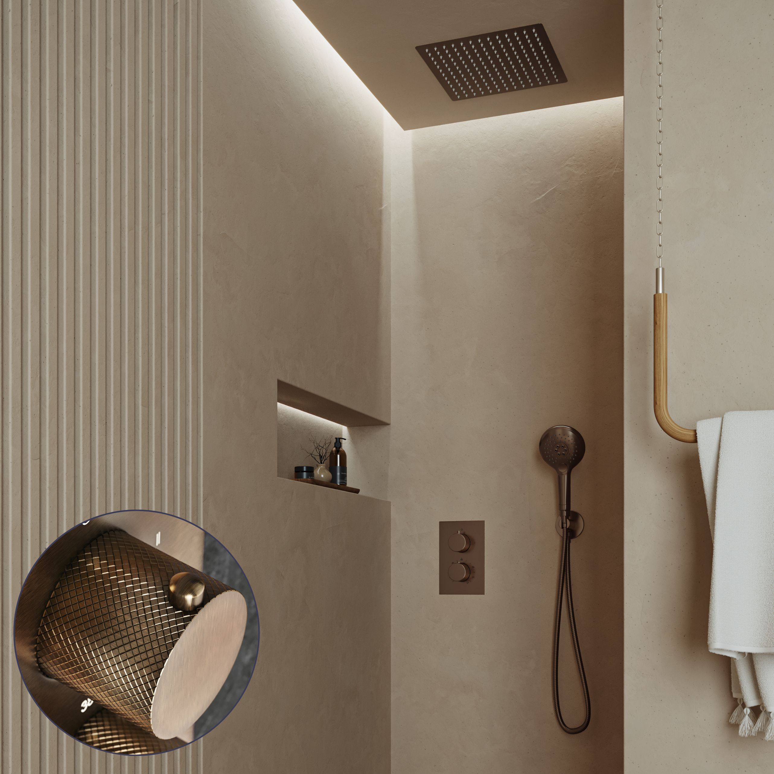 Saniclear Cube Curved inbouw regendouche met inbouw douchekop 30x30cm en 2 standen handdouche verouderd messing