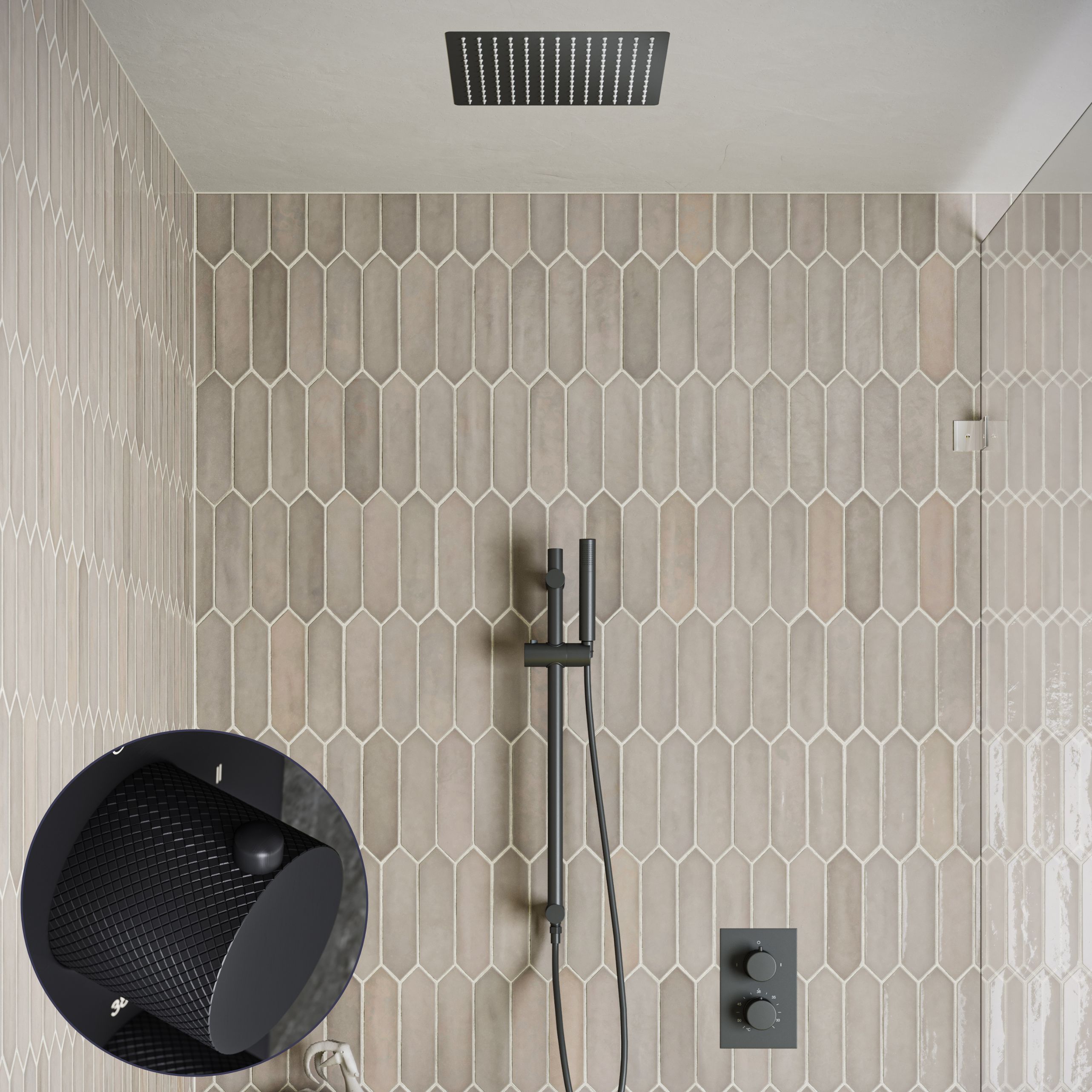 Saniclear Cube Curved inbouw regendouche met inbouw douchekop 30x30cm, glijstang en staafhanddouche zwart mat