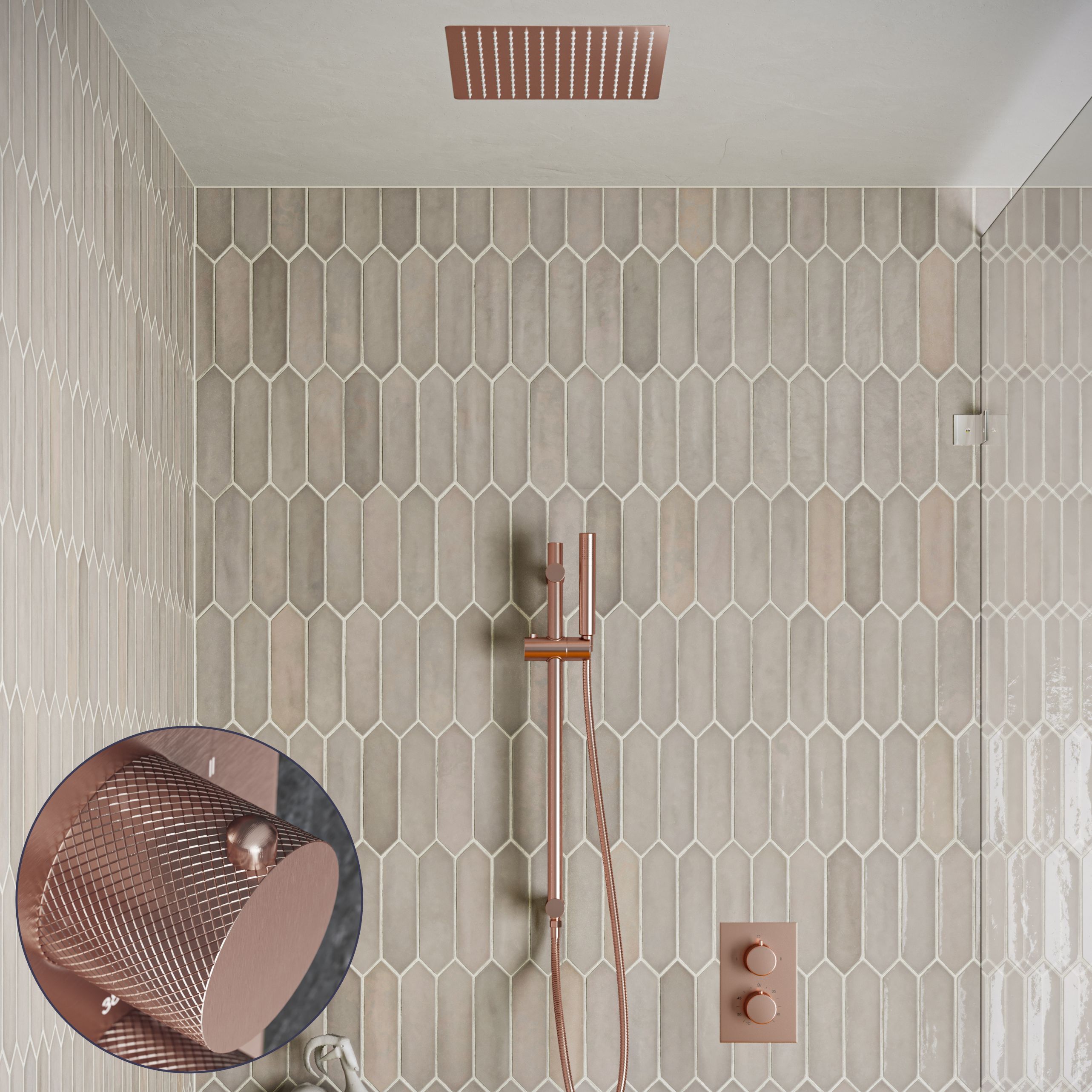 Saniclear Cube Curved inbouw regendouche met inbouw douchekop 30x30cm, glijstang en staafhanddouche geborsteld koper