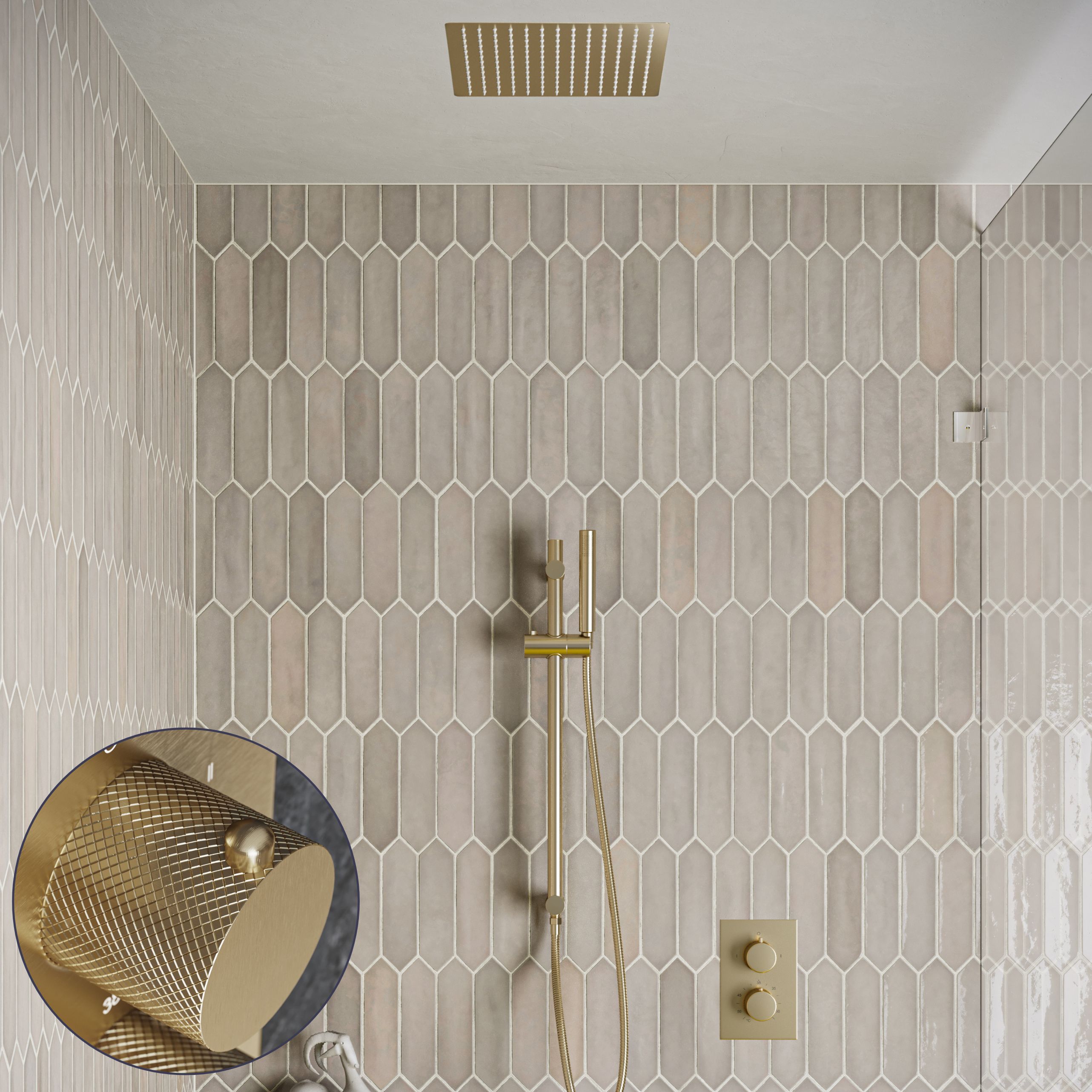 Saniclear Cube Curved inbouw regendouche met inbouw douchekop 30x30cm, glijstang en staafhanddouche geborsteld messing - mat goud