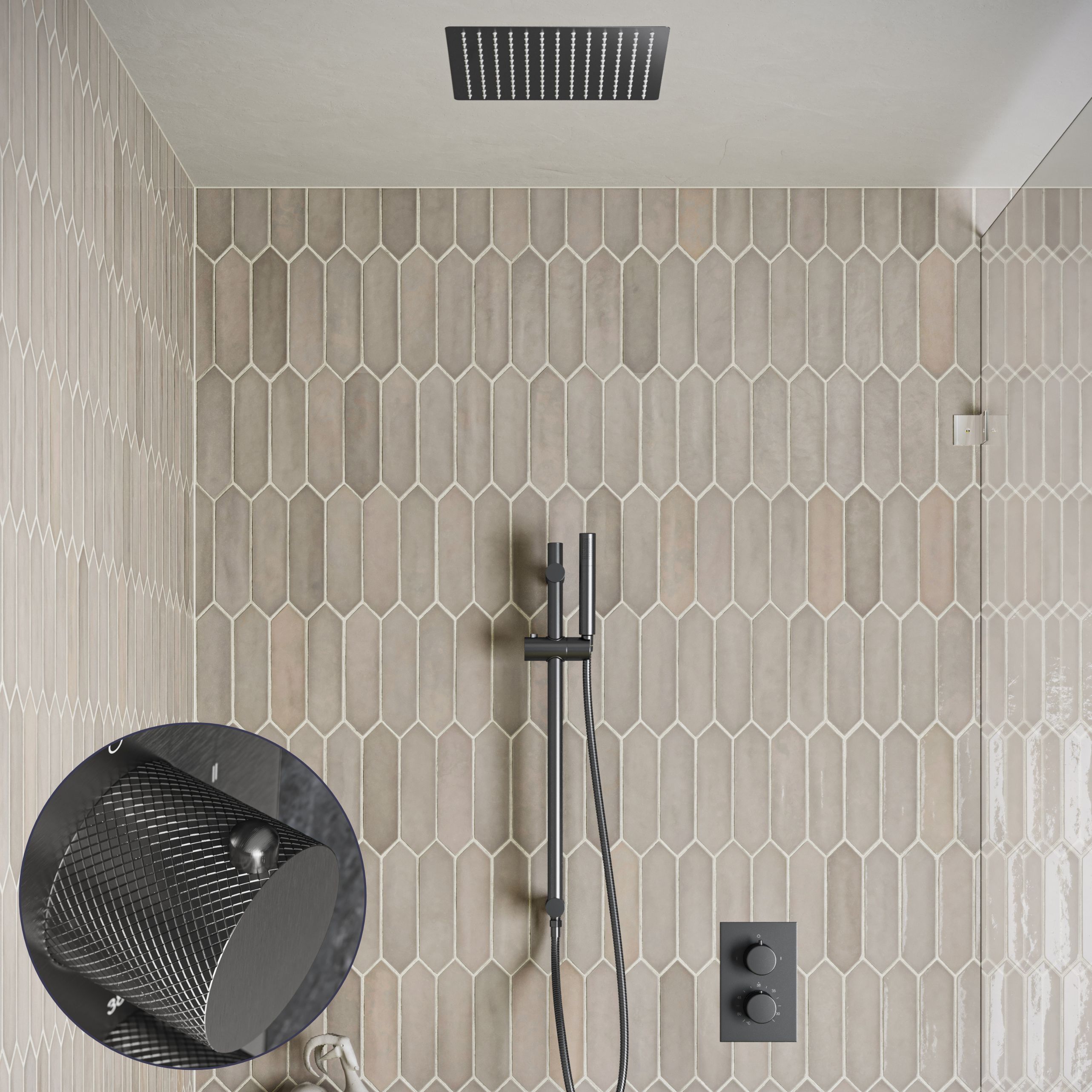 Saniclear Cube Curved inbouw regendouche met inbouw douchekop 30x30cm, glijstang en staafhanddouche verouderd ijzer - gunmetal