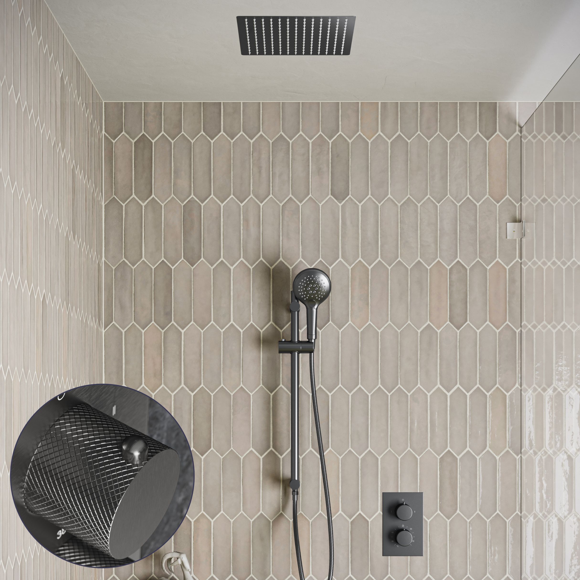 Saniclear Cube Curved inbouw regendouche met inbouw douchekop 30x30cm, glijstang en 2 standen handdouche verouderd ijzer - gunmetal