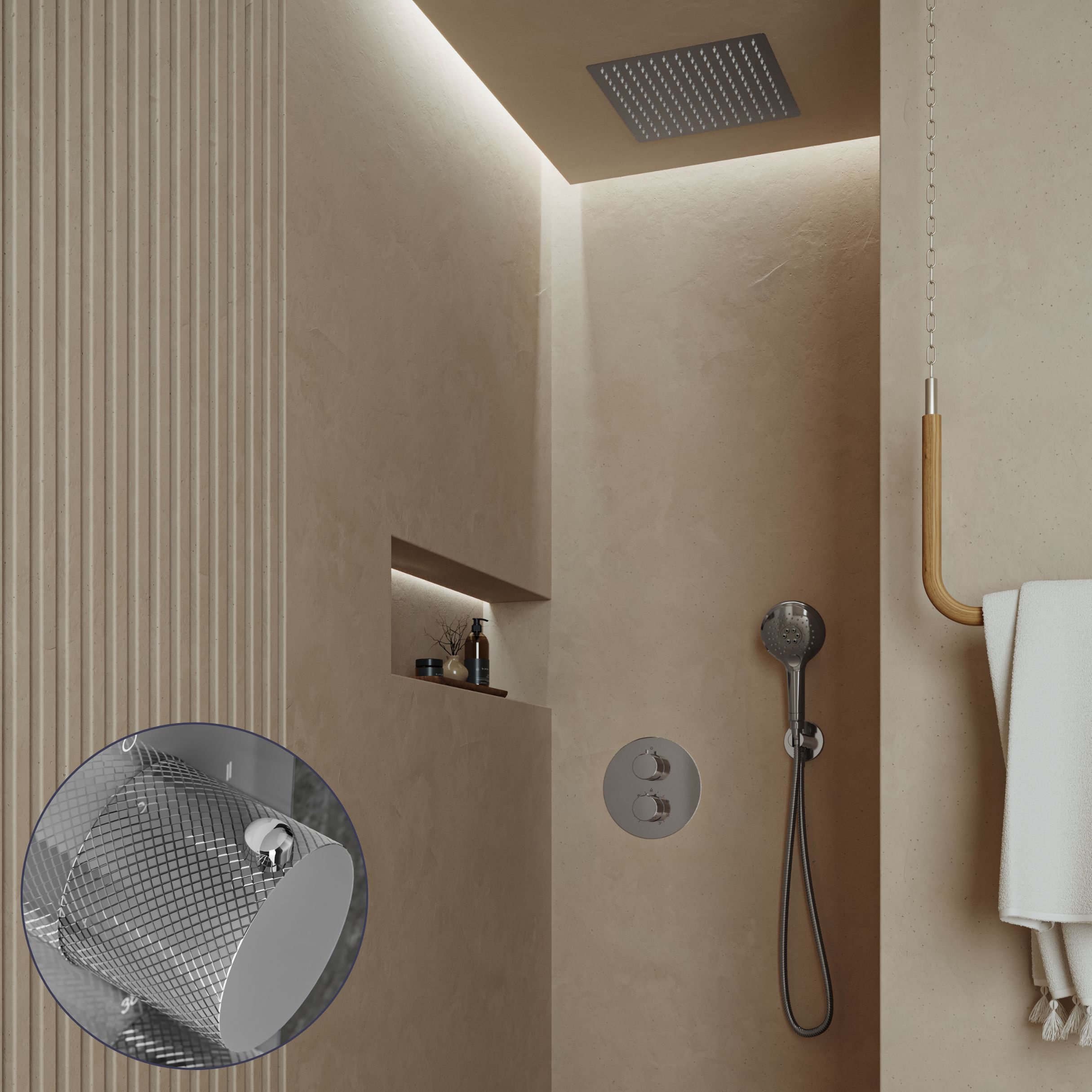 Saniclear Cube Curved inbouw regendouche rond met inbouw douchekop 30x30cm en 2 standen handdouche chroom