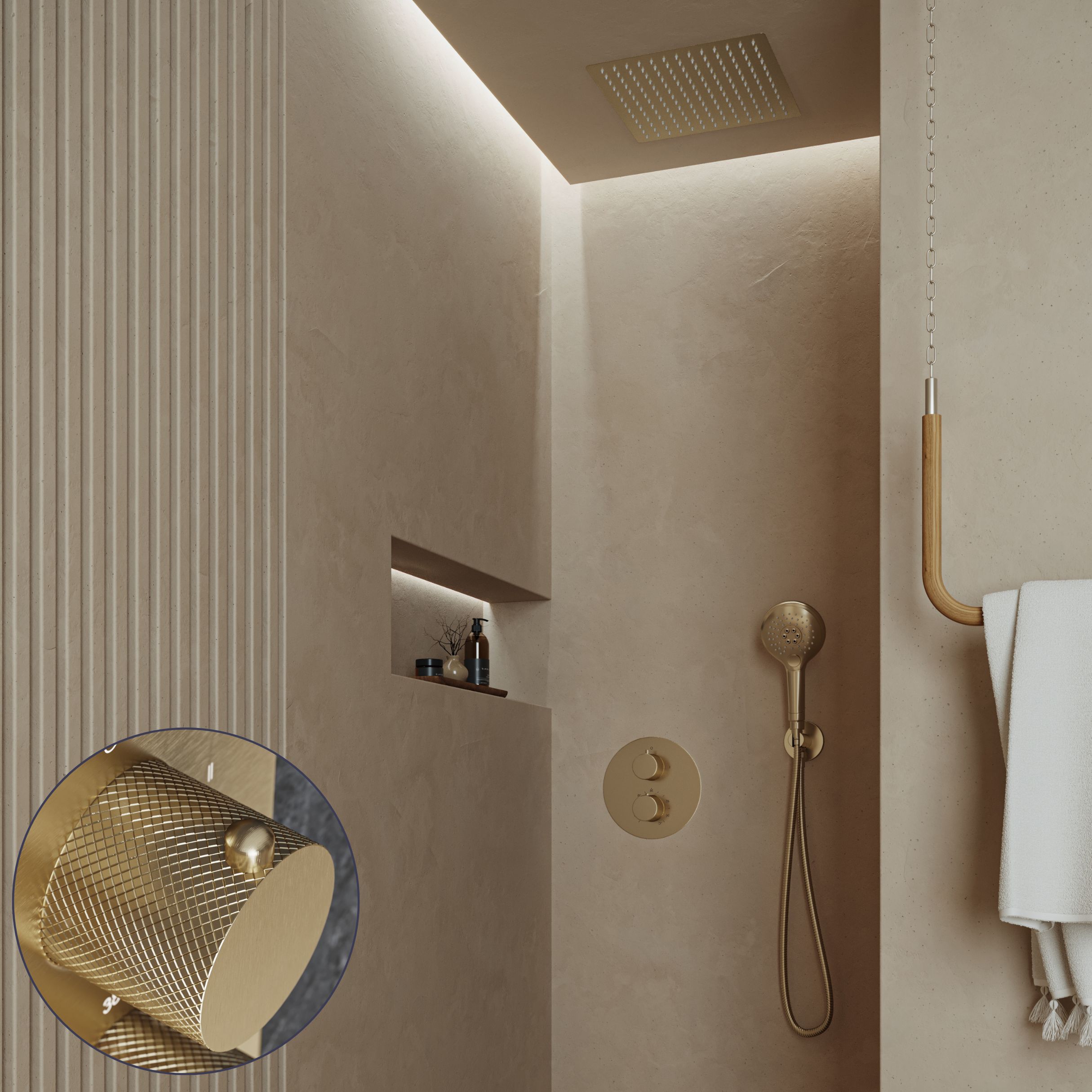 Saniclear Cube Curved inbouw regendouche rond met inbouw douchekop 30x30cm en 2 standen handdouche geborsteld messing - mat goud
