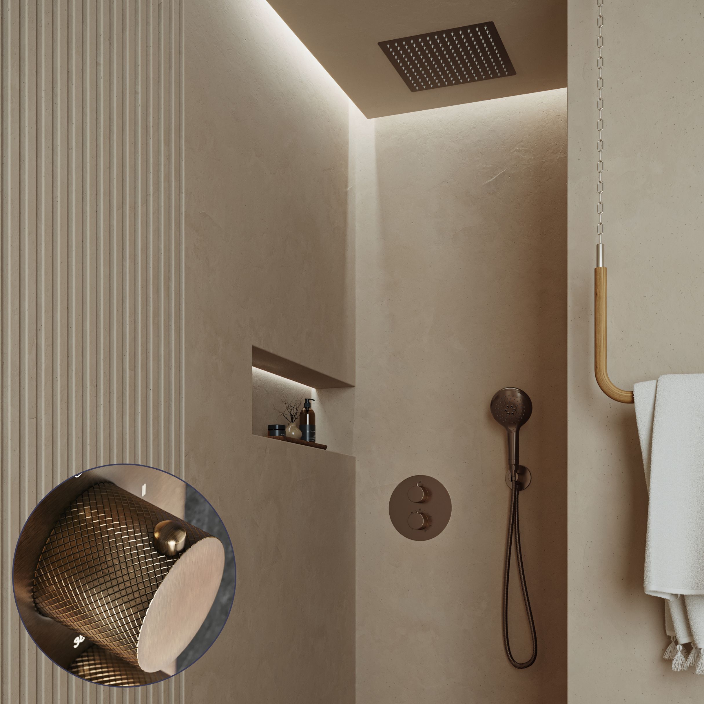 Saniclear Cube Curved inbouw regendouche rond met inbouw douchekop 30x30cm en 2 standen handdouche verouderd messing