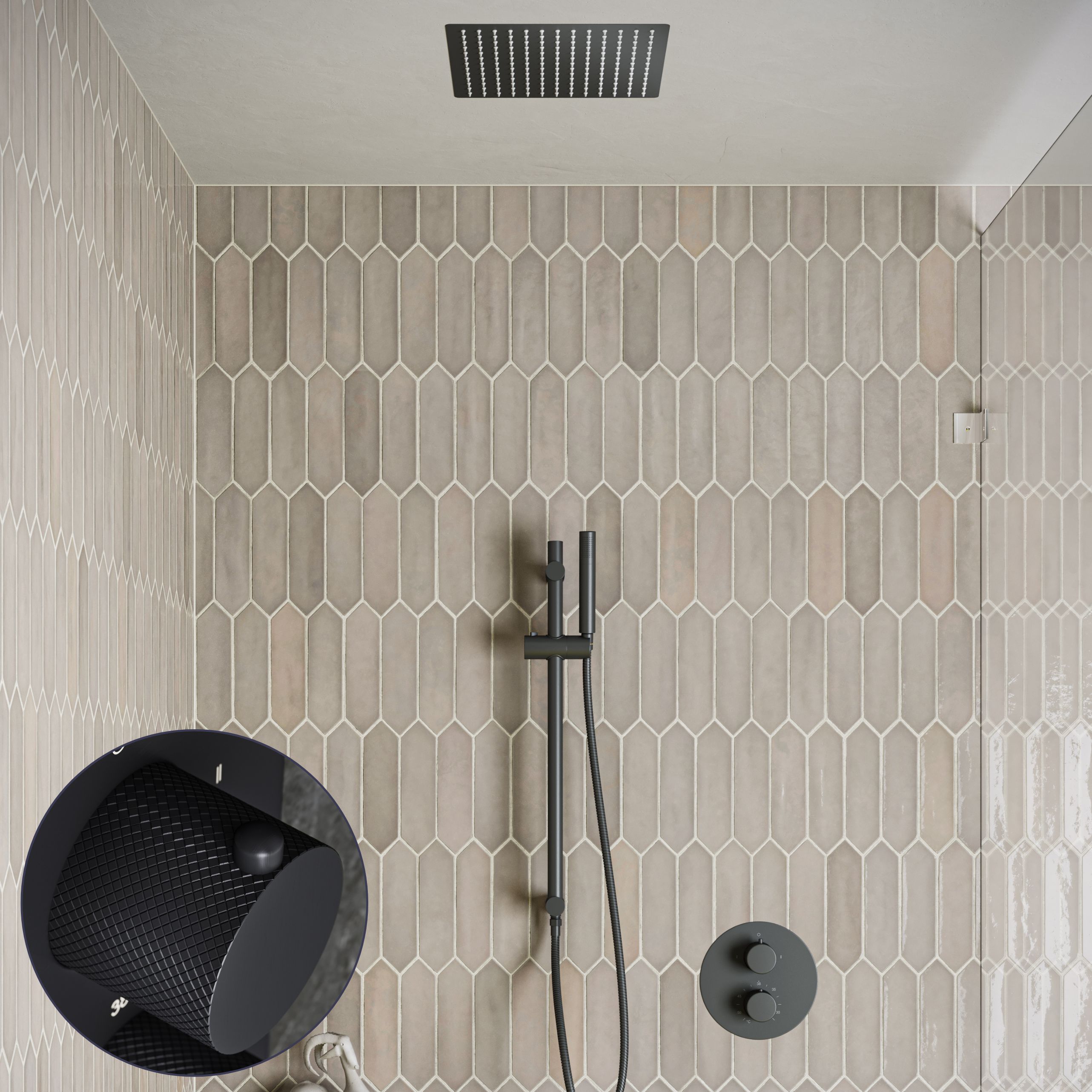 Saniclear Cube Curved inbouw regendouche rond met inbouw douchekop 30x30cm, glijstang en staafhanddouche zwart mat