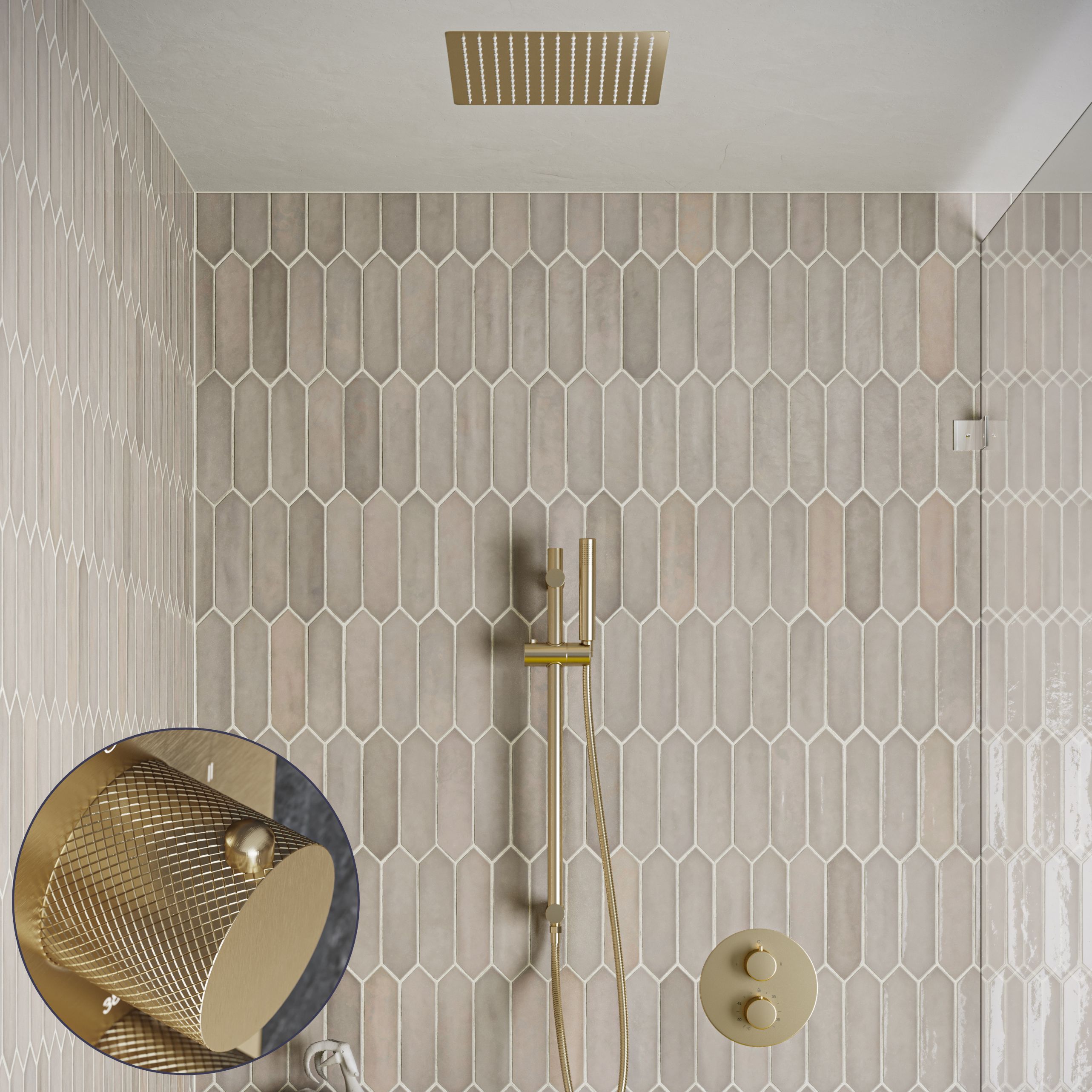 Saniclear Cube Curved inbouw regendouche rond met inbouw douchekop 30x30cm, glijstang en staafhanddouche geborsteld messing - mat goud