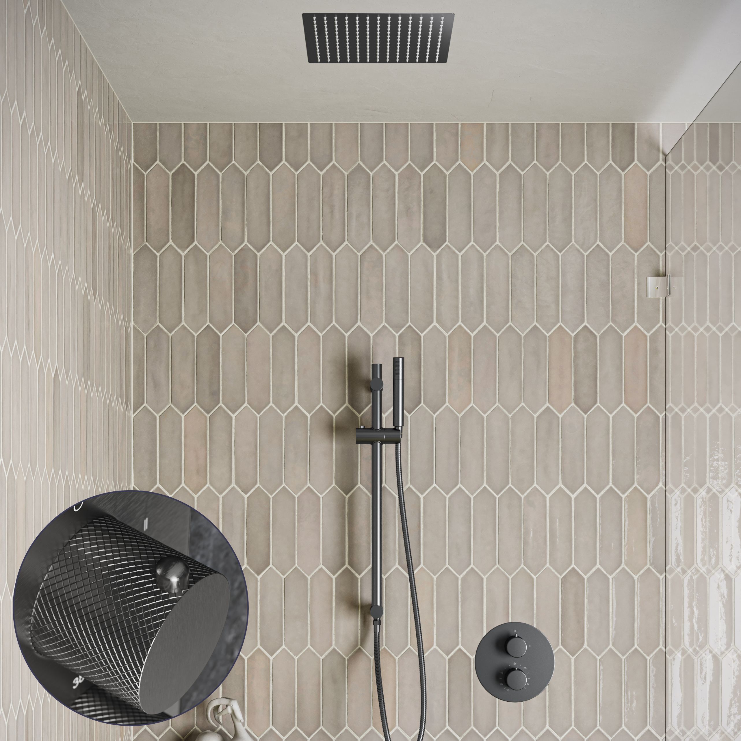 Saniclear Cube Curved inbouw regendouche rond met inbouw douchekop 30x30cm, glijstang en staafhanddouche verouderd ijzer - gunmetal