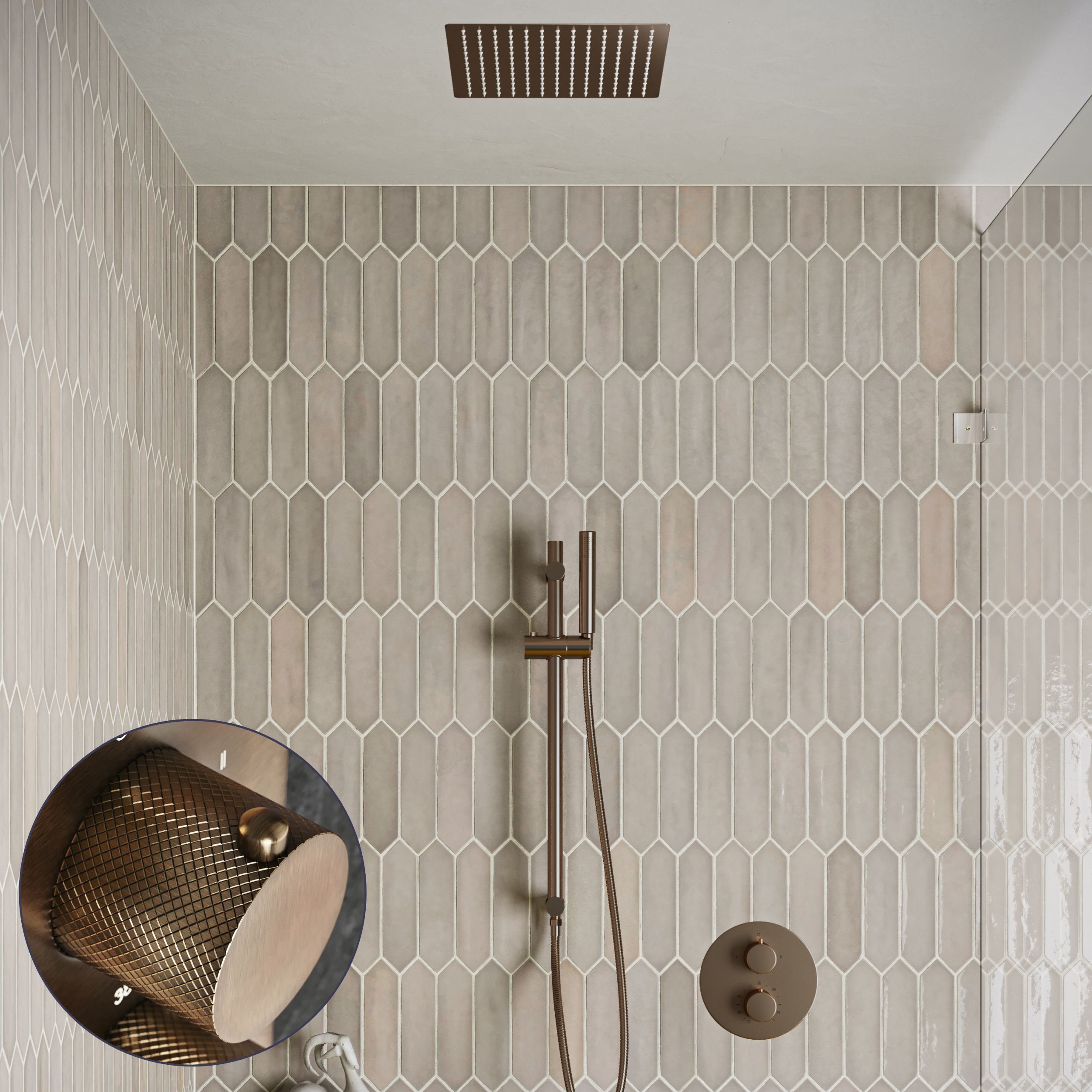 Saniclear Cube Curved inbouw regendouche rond met inbouw douchekop 30x30cm, glijstang en staafhanddouche verouderd messing