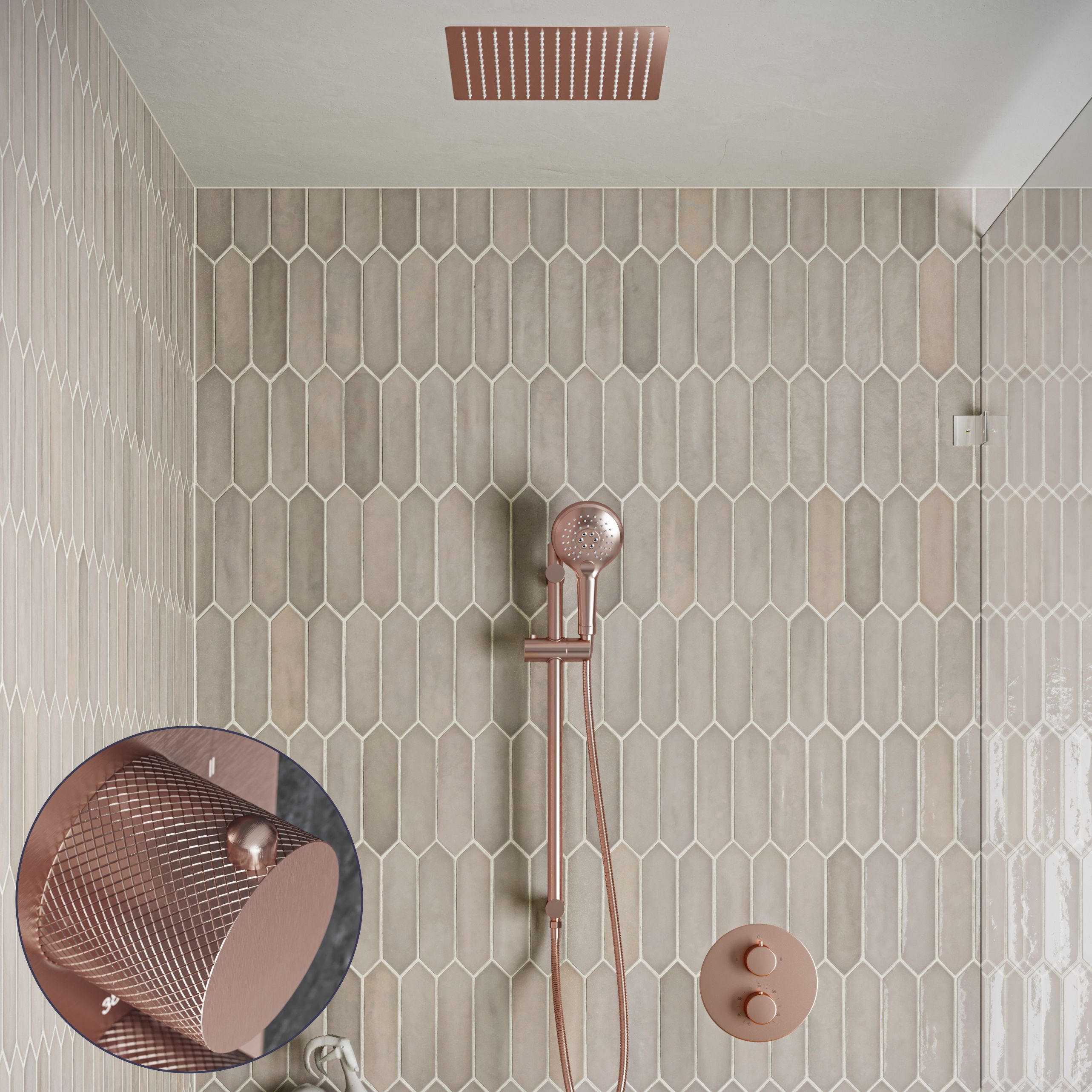 Saniclear Cube Curved inbouw regendouche rond met inbouw douchekop 30x30cm, glijstang en 2 standen handdouche geborsteld koper