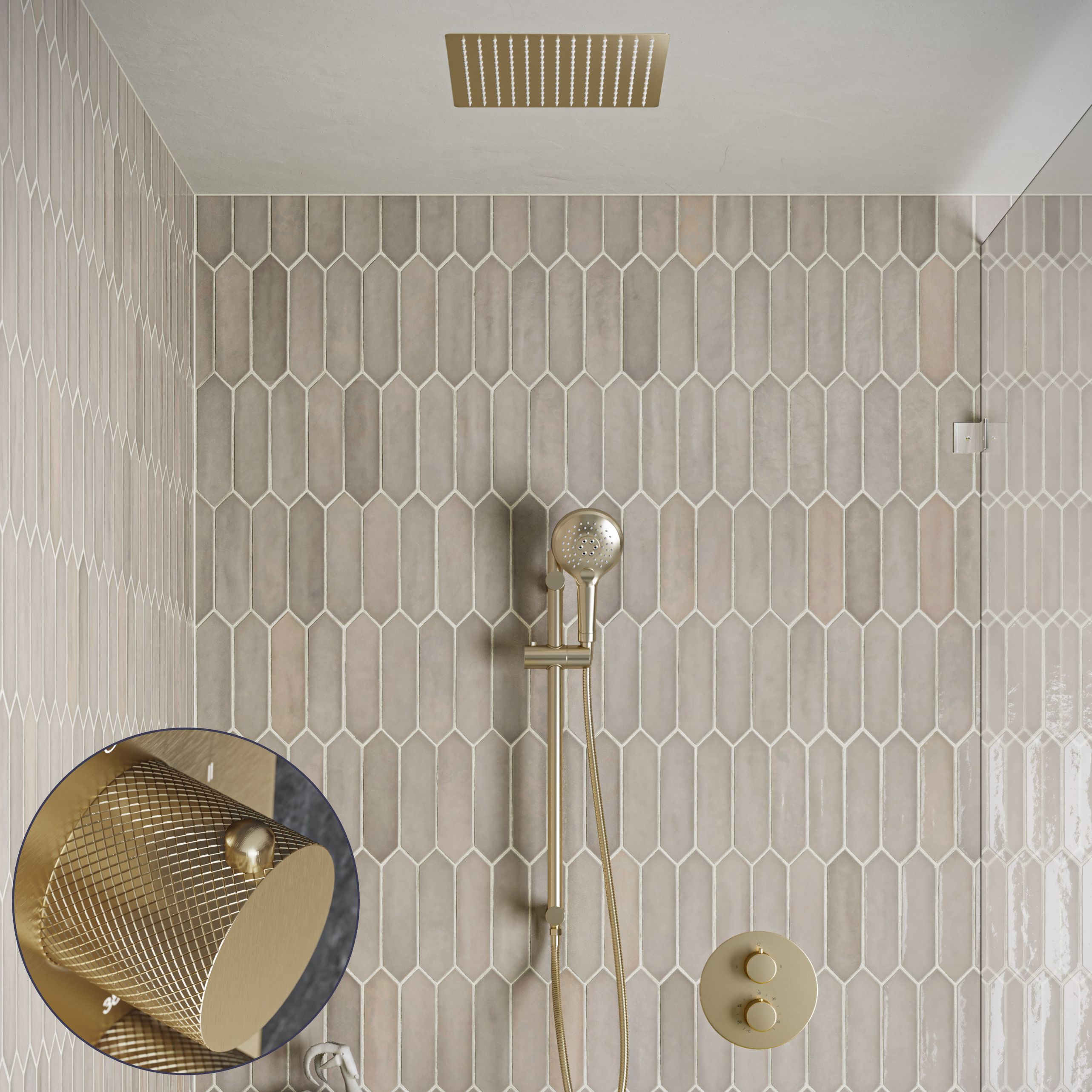 Saniclear Cube Curved inbouw regendouche rond met inbouw douchekop 30x30cm, glijstang en 2 standen handdouche geborsteld messing - mat goud