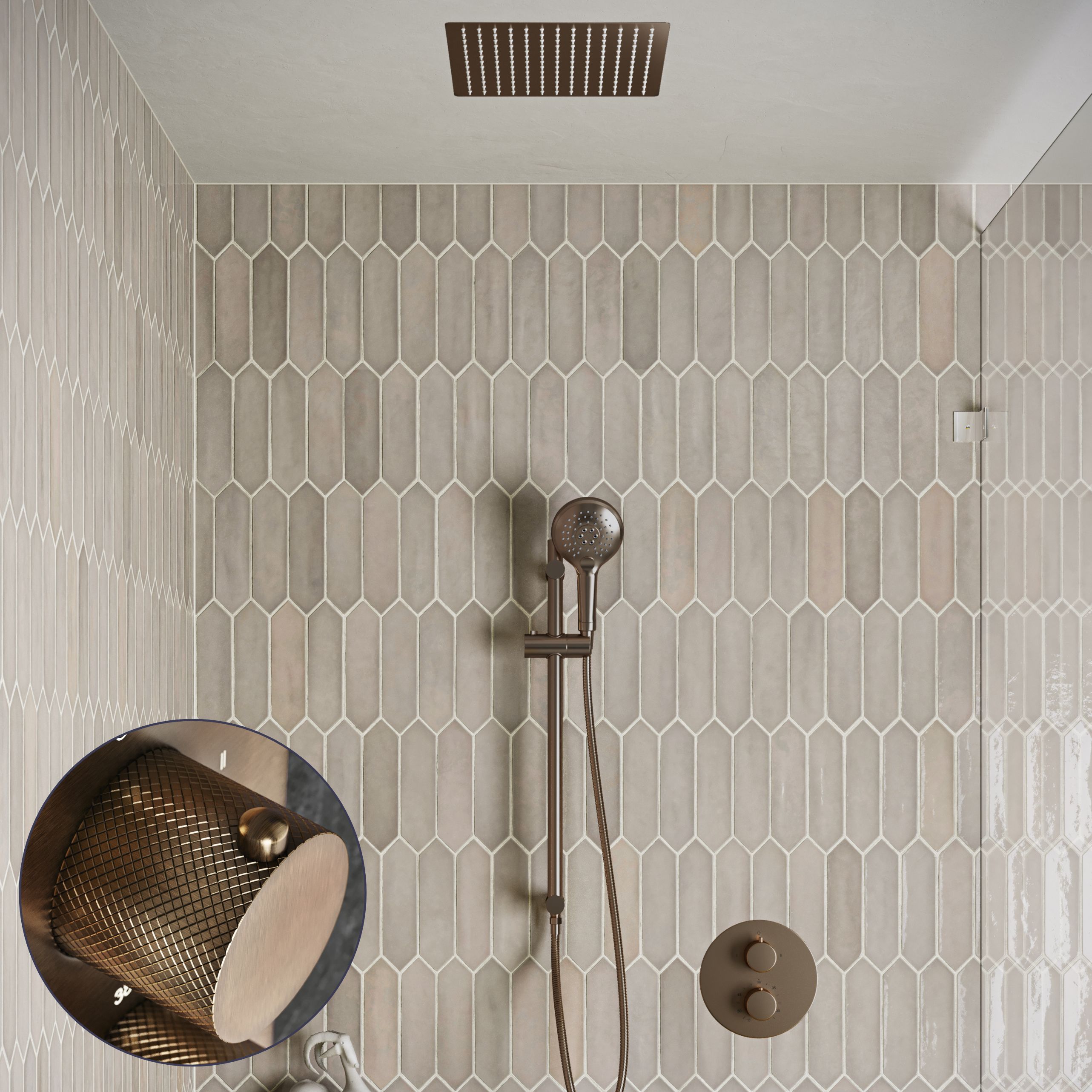 Saniclear Cube Curved inbouw regendouche rond met inbouw douchekop 30x30cm, glijstang en 2 standen handdouche verouderd messing