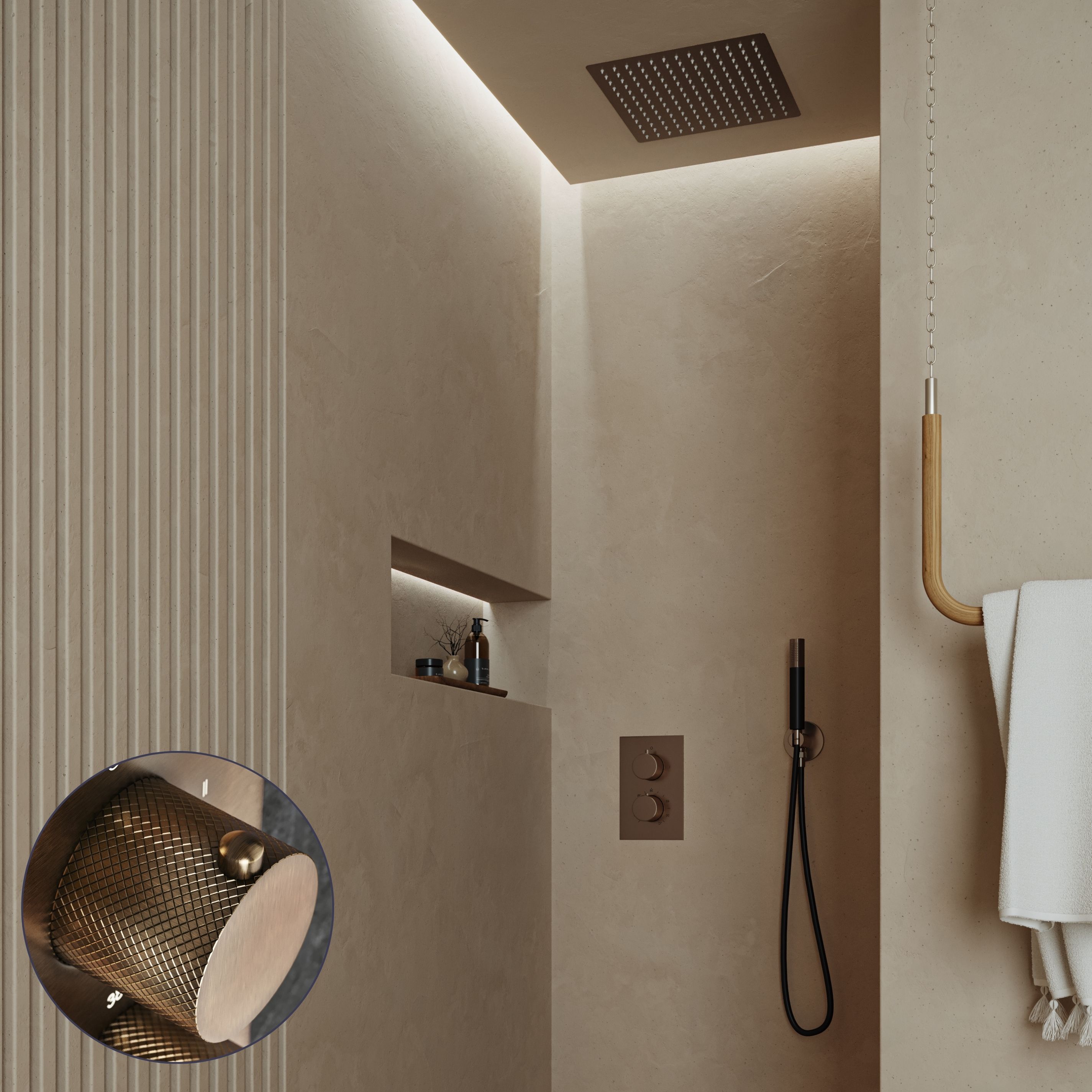 Saniclear Cube Curved Pro inbouw regendouche met inbouw douchekop 30x30cm en staafhanddouche verouderd messing