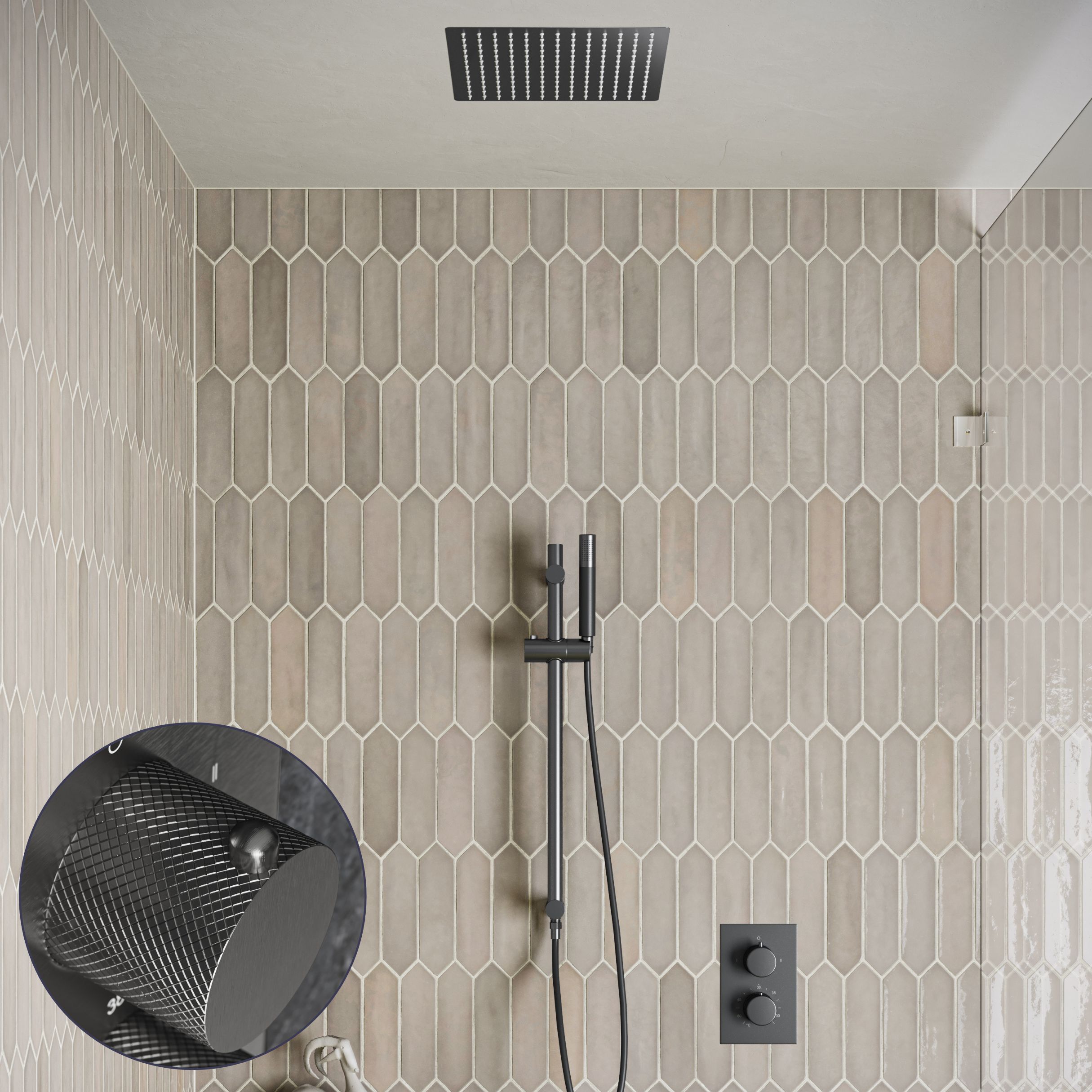 Saniclear Cube Curved Pro inbouw regendouche met inbouw douchekop 30x30cm, glijstang en staafhanddouche verouderd ijzer - gunmetal