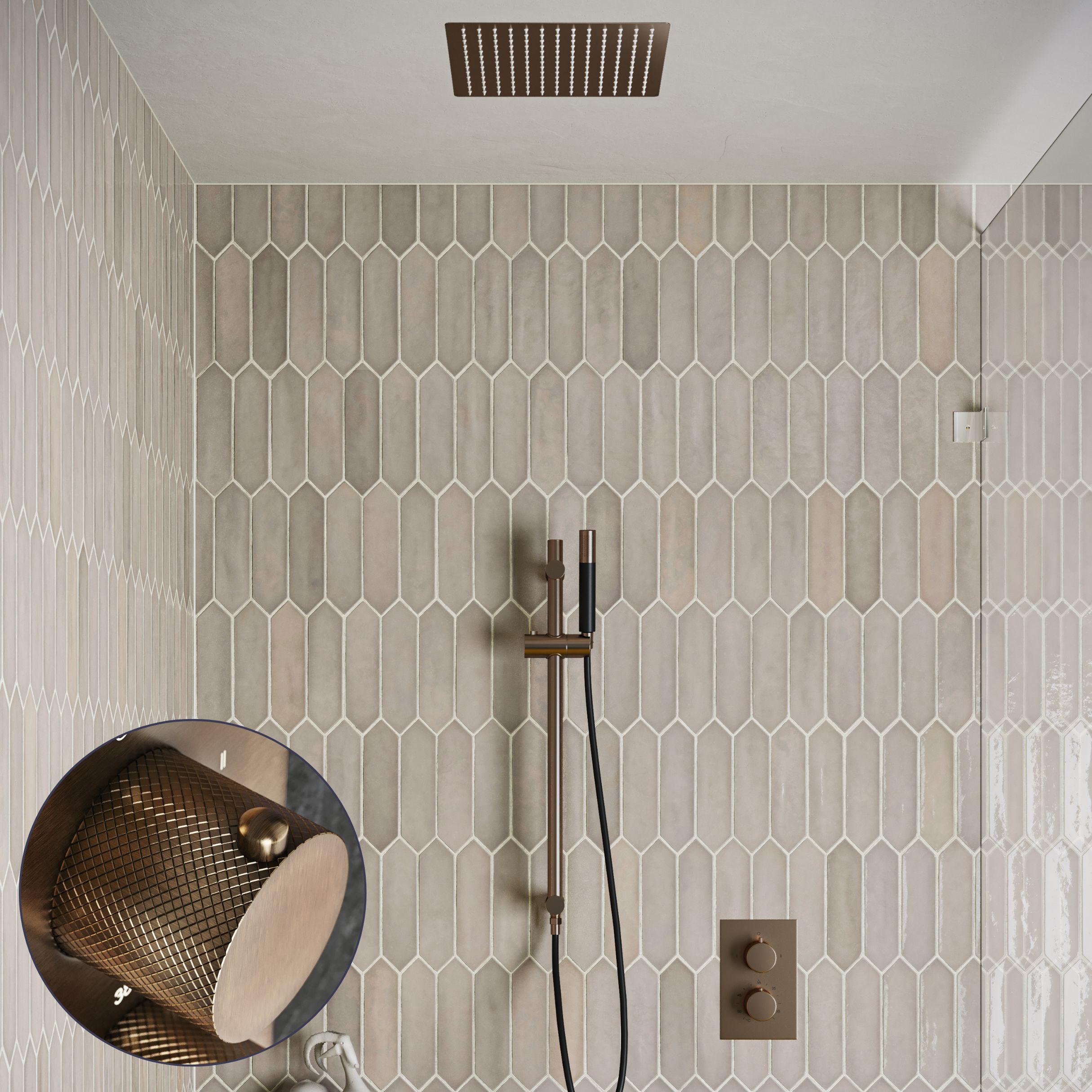 Saniclear Cube Curved Pro inbouw regendouche met inbouw douchekop 30x30cm, glijstang en staafhanddouche verouderd messing