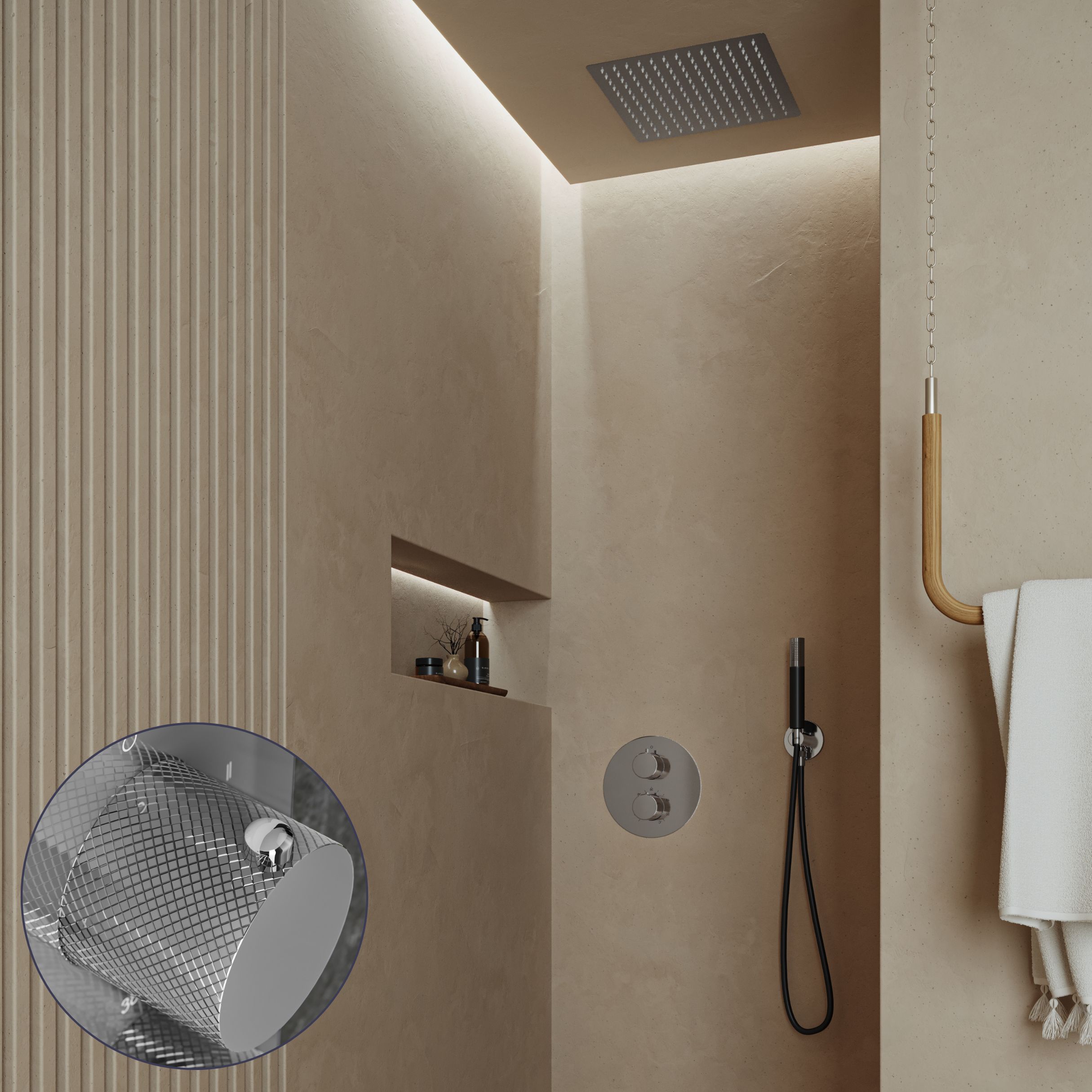 Saniclear Cube Curved Pro inbouw regendouche rond met inbouw douchekop 30x30cm en staafhanddouche chroom