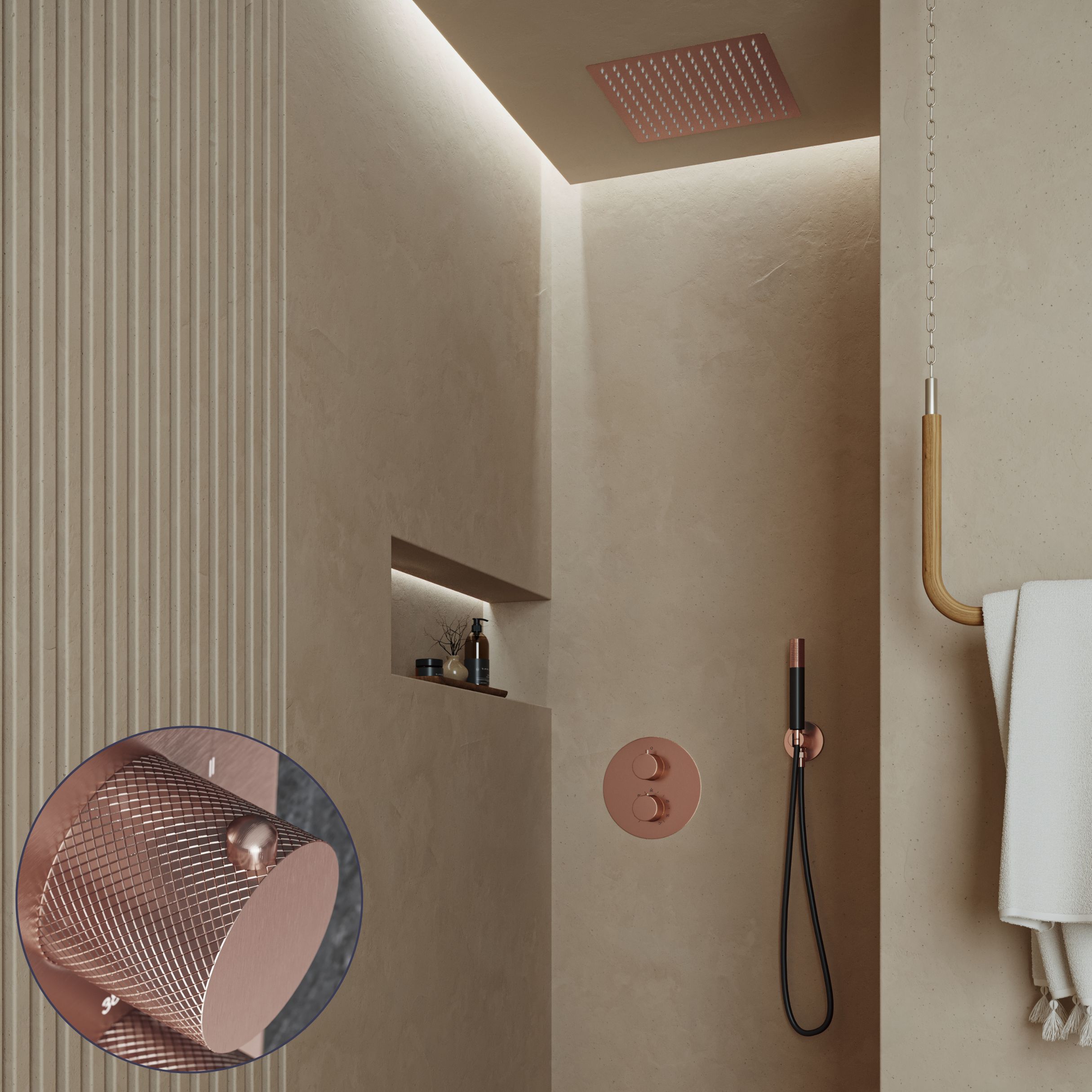 Saniclear Cube Curved Pro inbouw regendouche rond met inbouw douchekop 30x30cm en staafhanddouche geborsteld koper