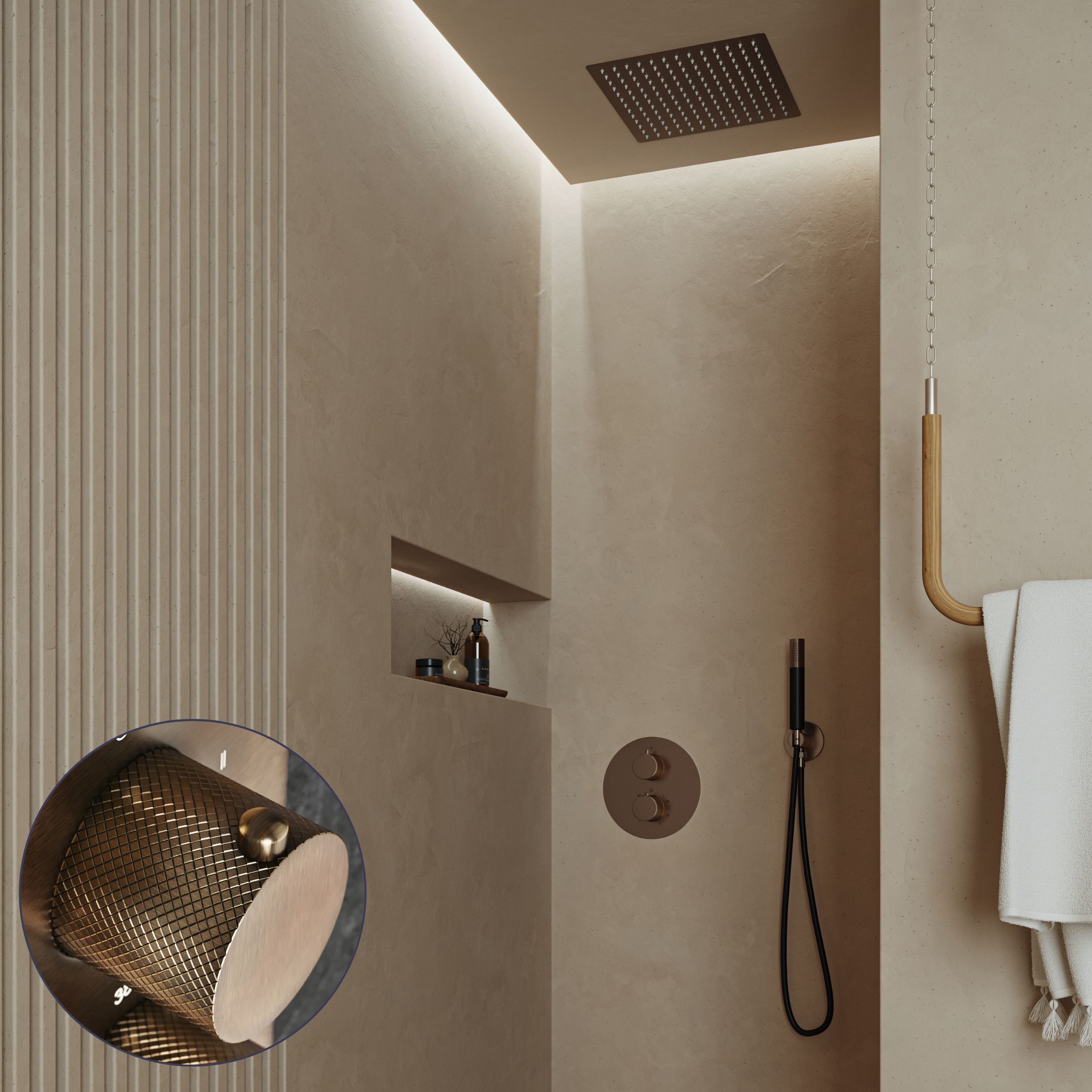 Saniclear Cube Curved Pro inbouw regendouche rond met inbouw douchekop 30x30cm en staafhanddouche verouderd messing